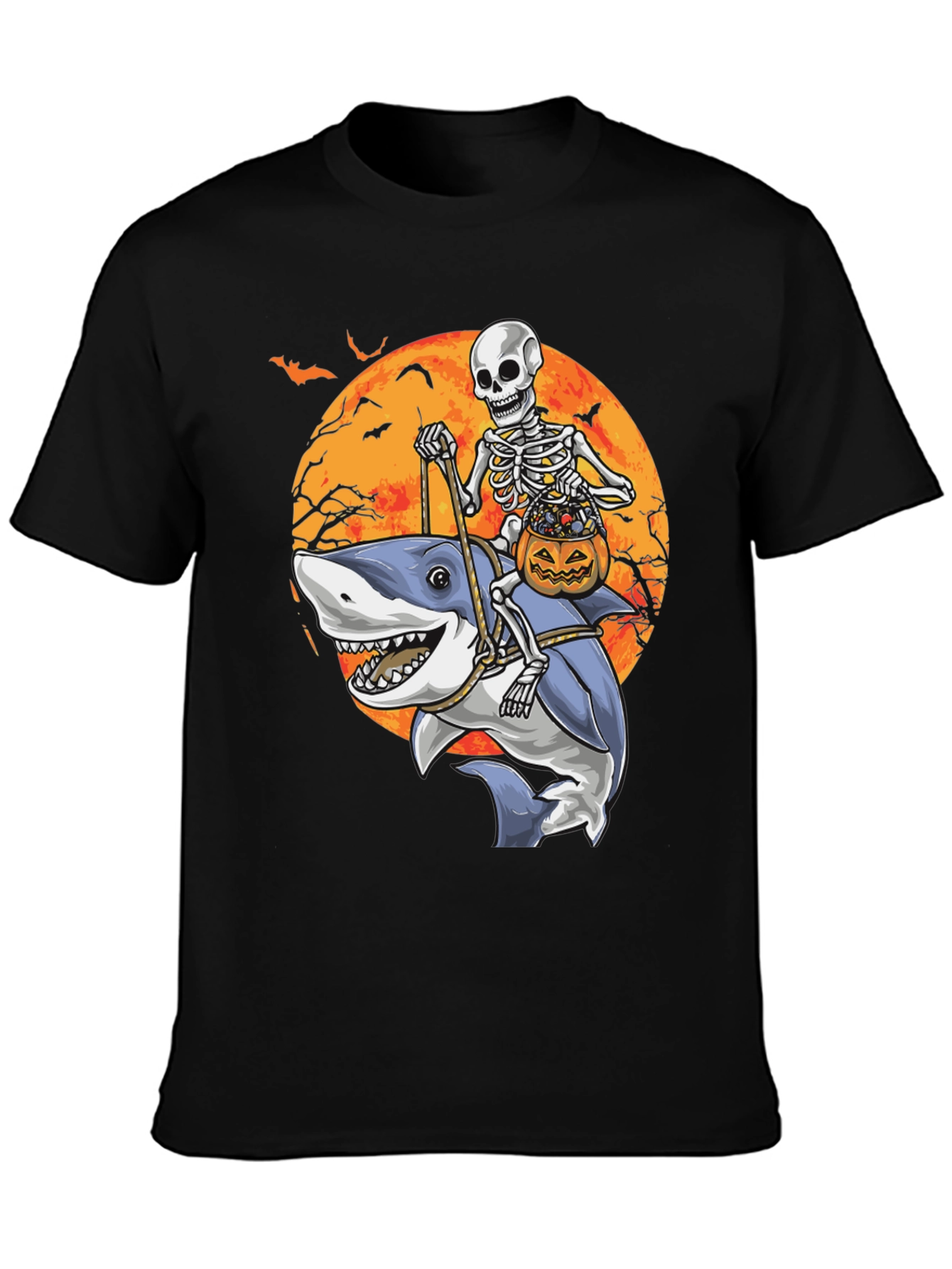 Skeleton Riding Shark Halloween T-Shirt
