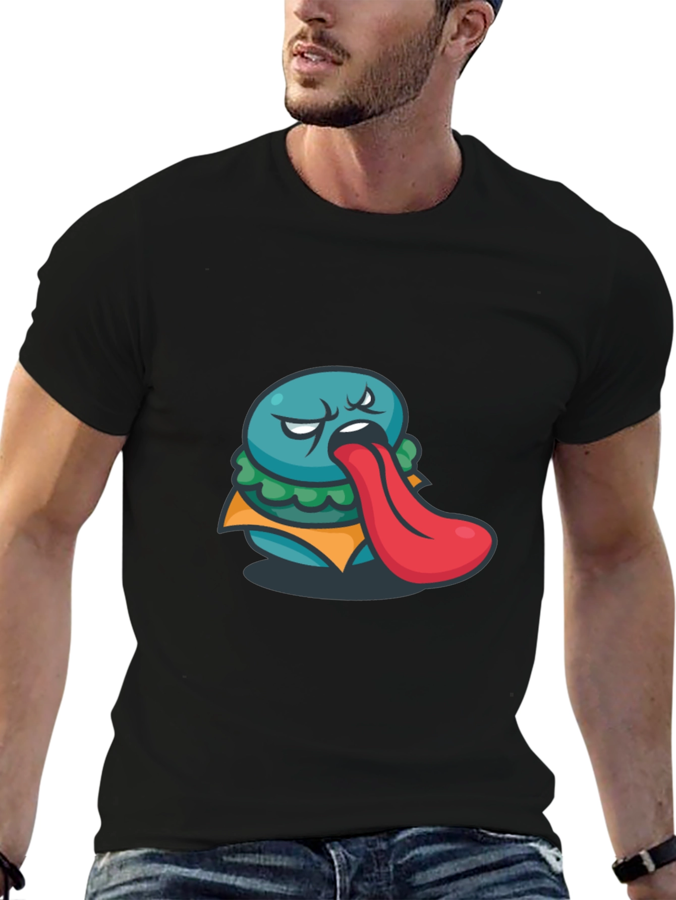 Funny Burger Tongue Graphic Black T-Shirt