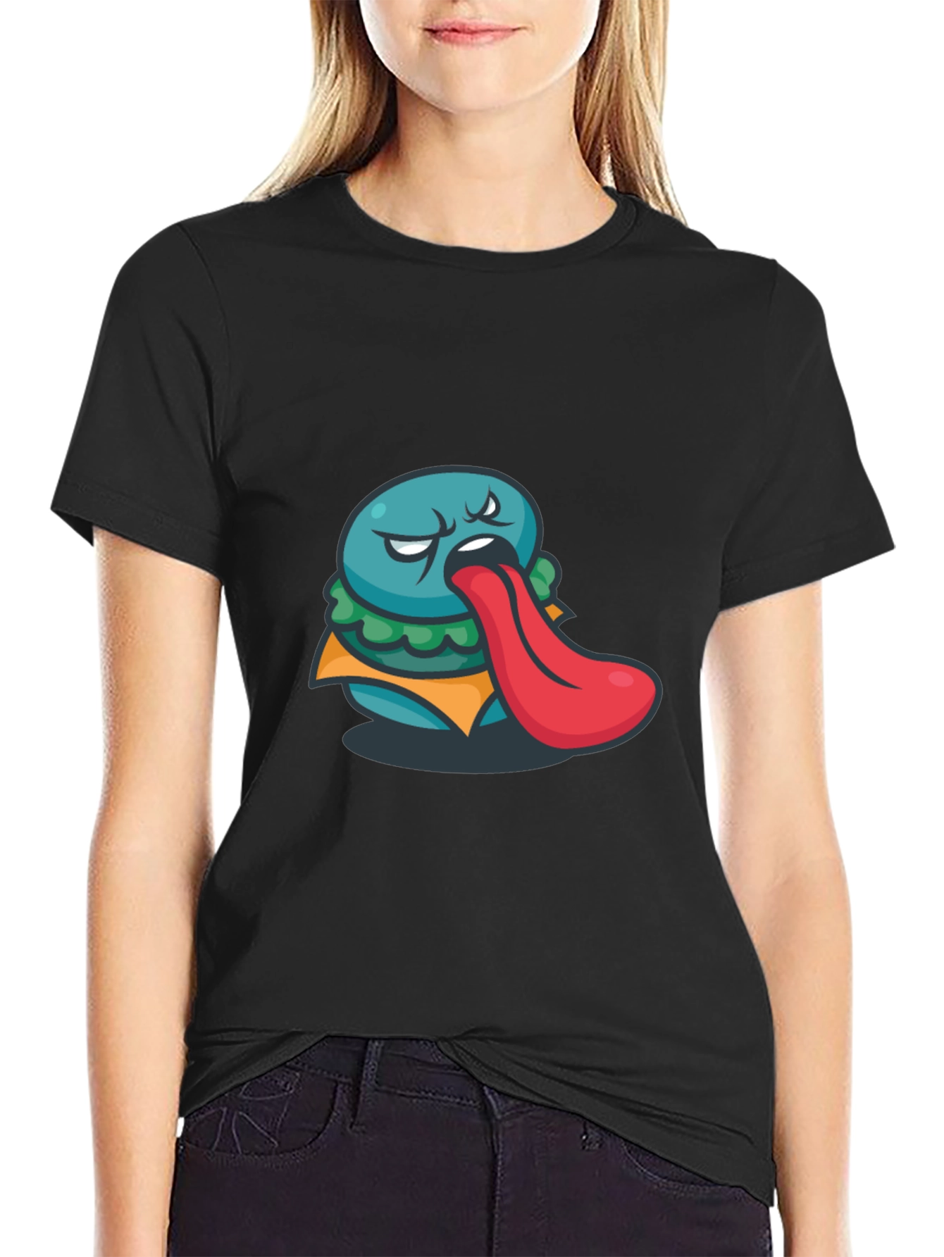 Funny Burger Tongue Graphic Black T-Shirt
