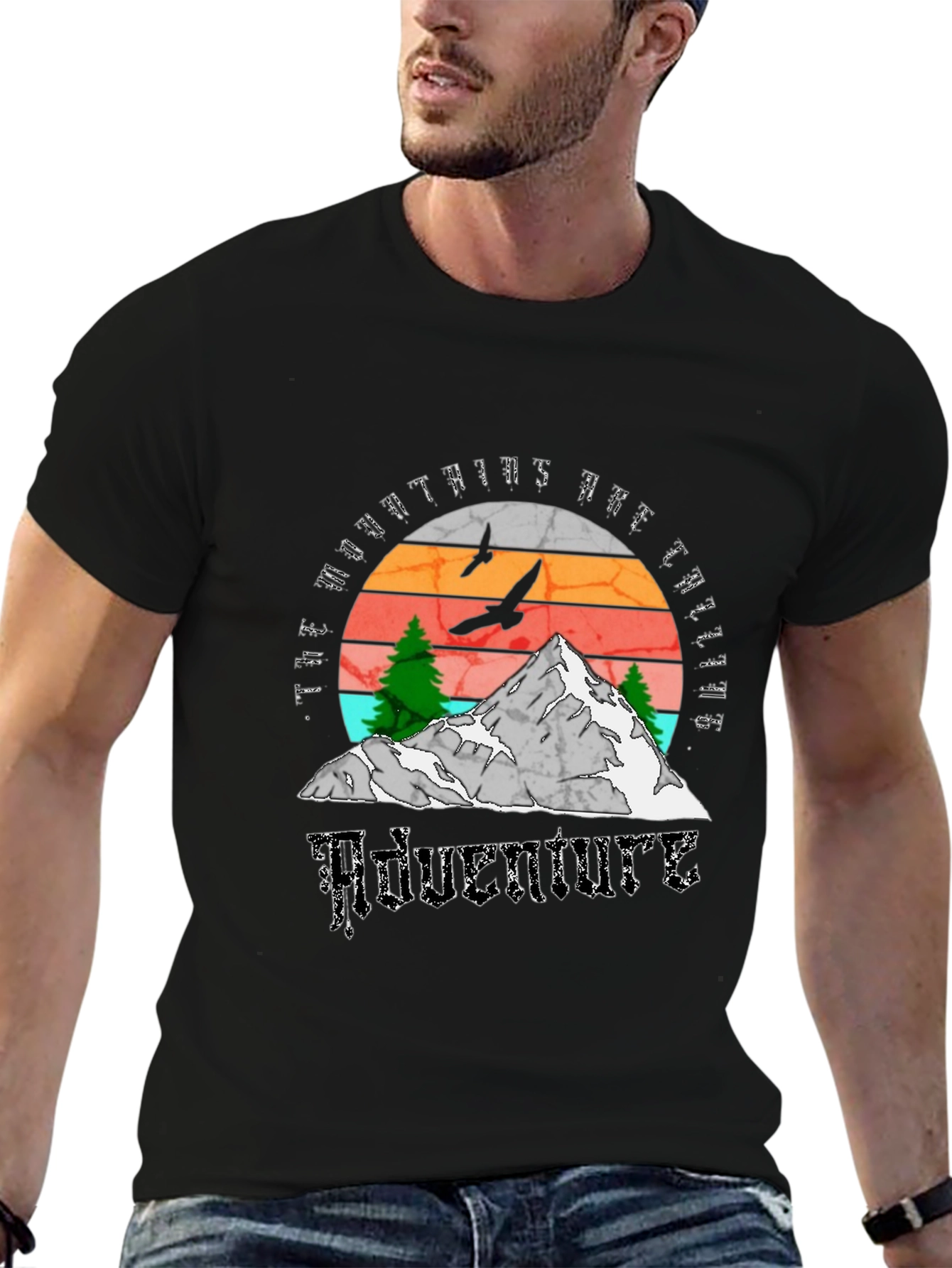 Adventure Calling T-Shirt - Mountain Scene Black Tee