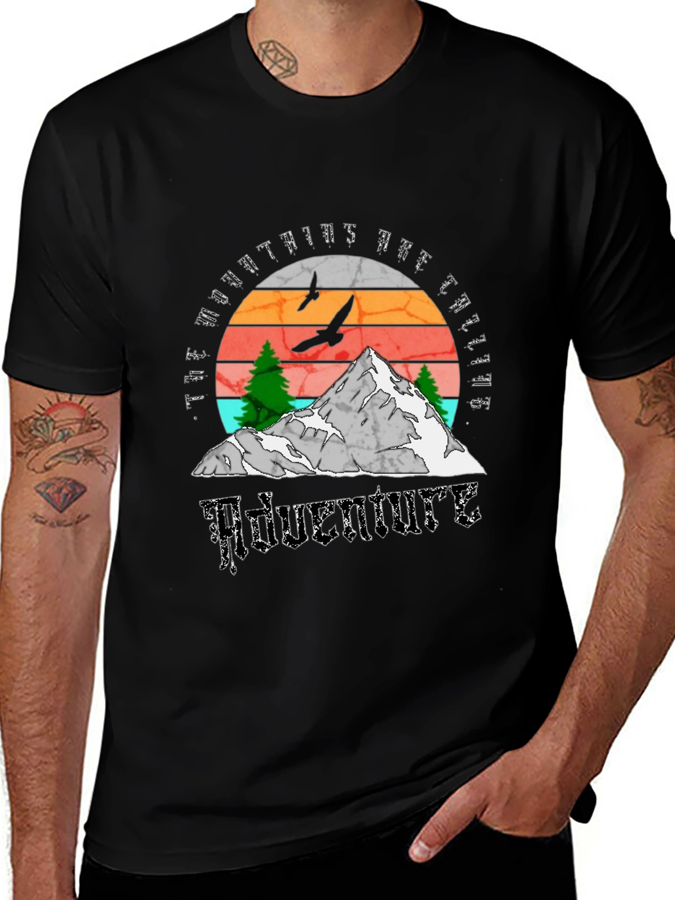 Adventure Calling T-Shirt - Mountain Scene Black Tee