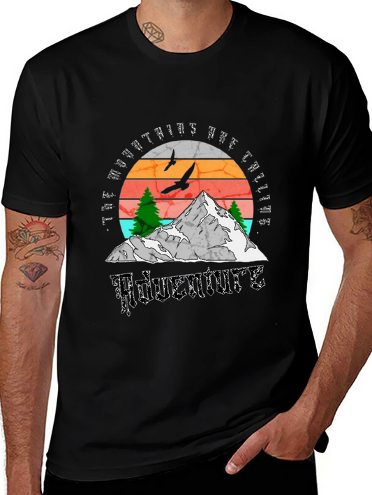 Adventure Calling T-Shirt - Mountain Scene Black Tee