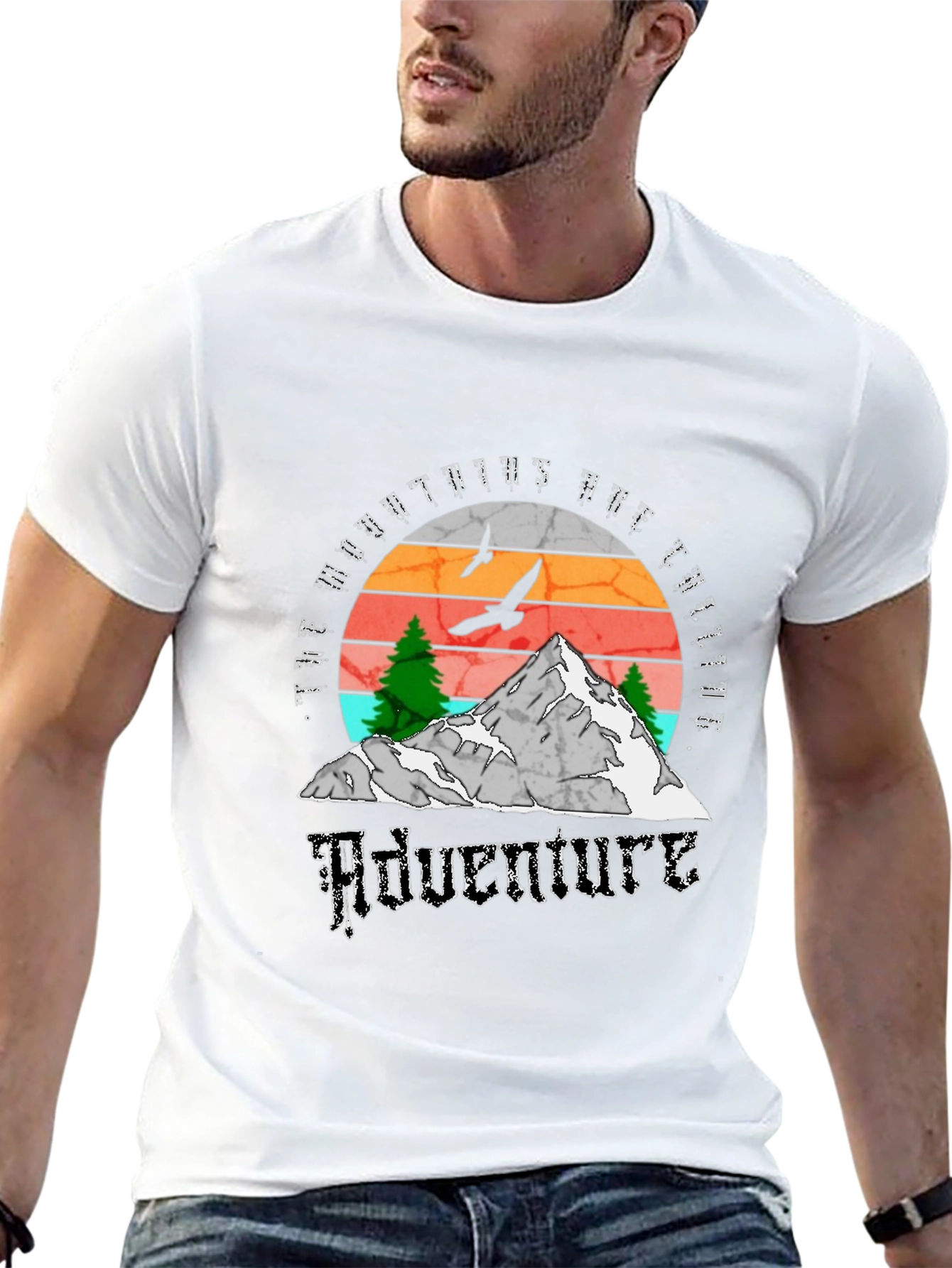 Adventure Calling T-Shirt - Mountain Scene Black Tee