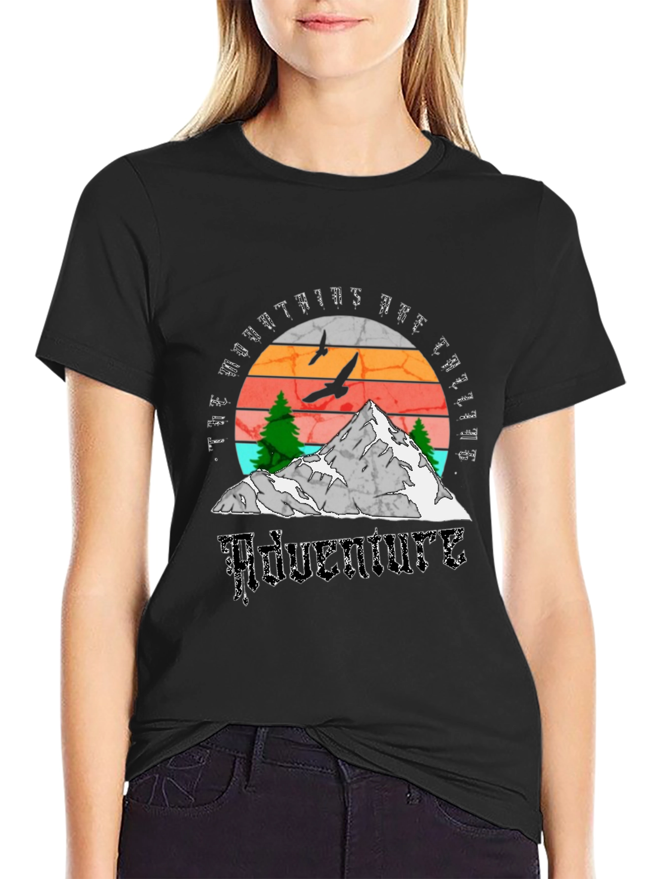 Adventure Calling T-Shirt - Mountain Scene Black Tee