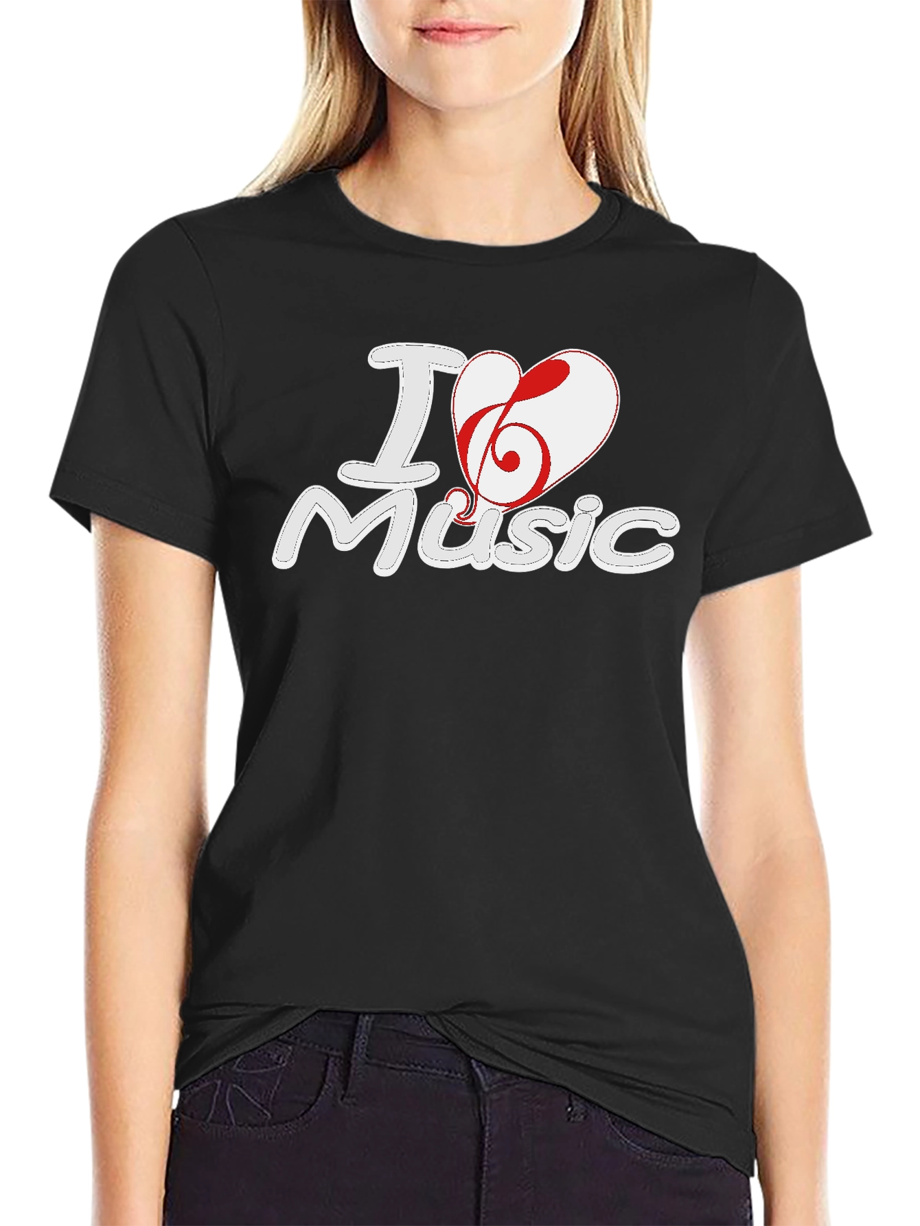 I Love Music Graphic Print Black T-Shirt