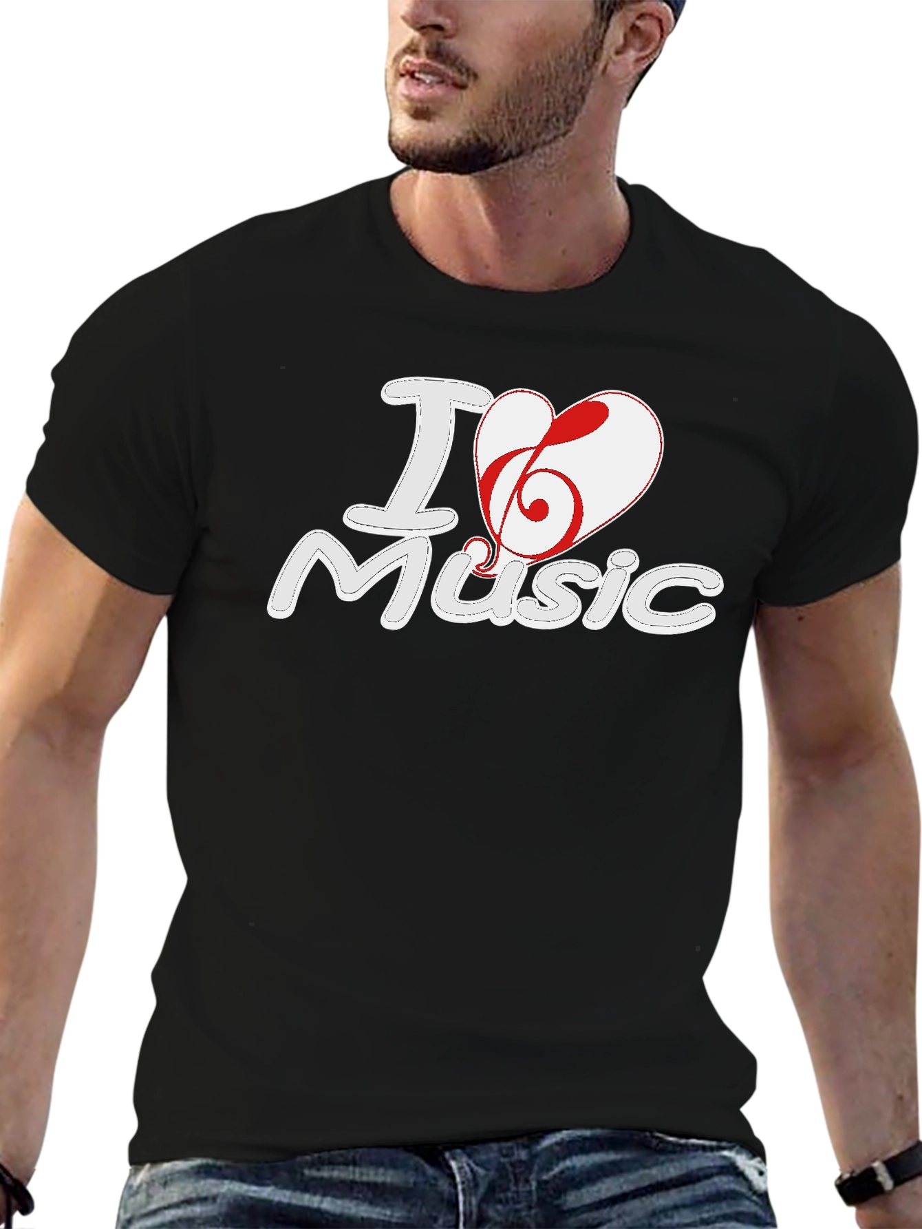 I Love Music Graphic Print Black T-Shirt