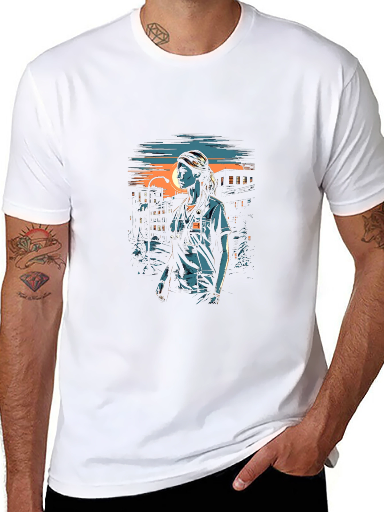 Nurse Hero Graphic T-Shirt - Cityscape Design