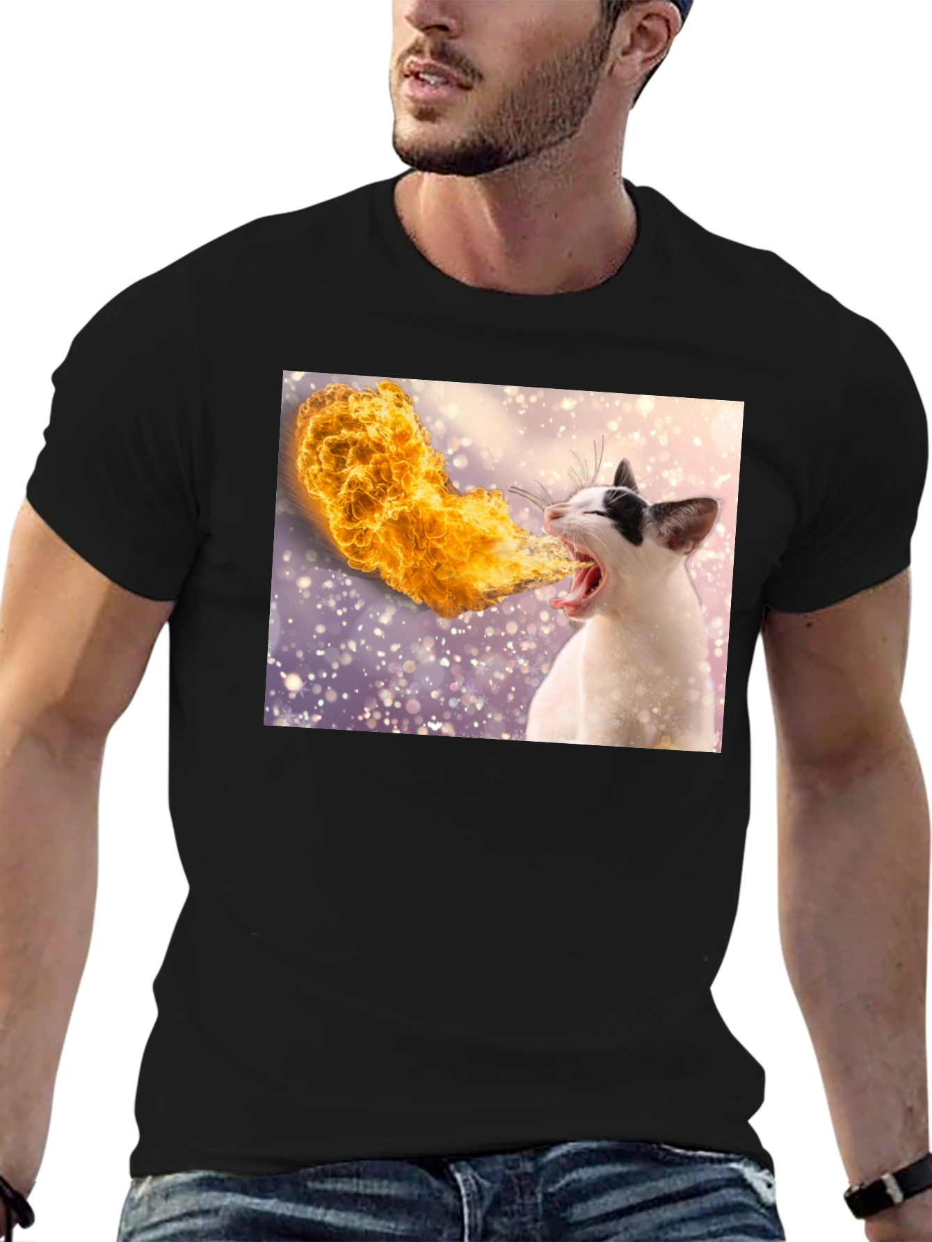 Fire Breathing Cat T-Shirt - Black Cotton Tee