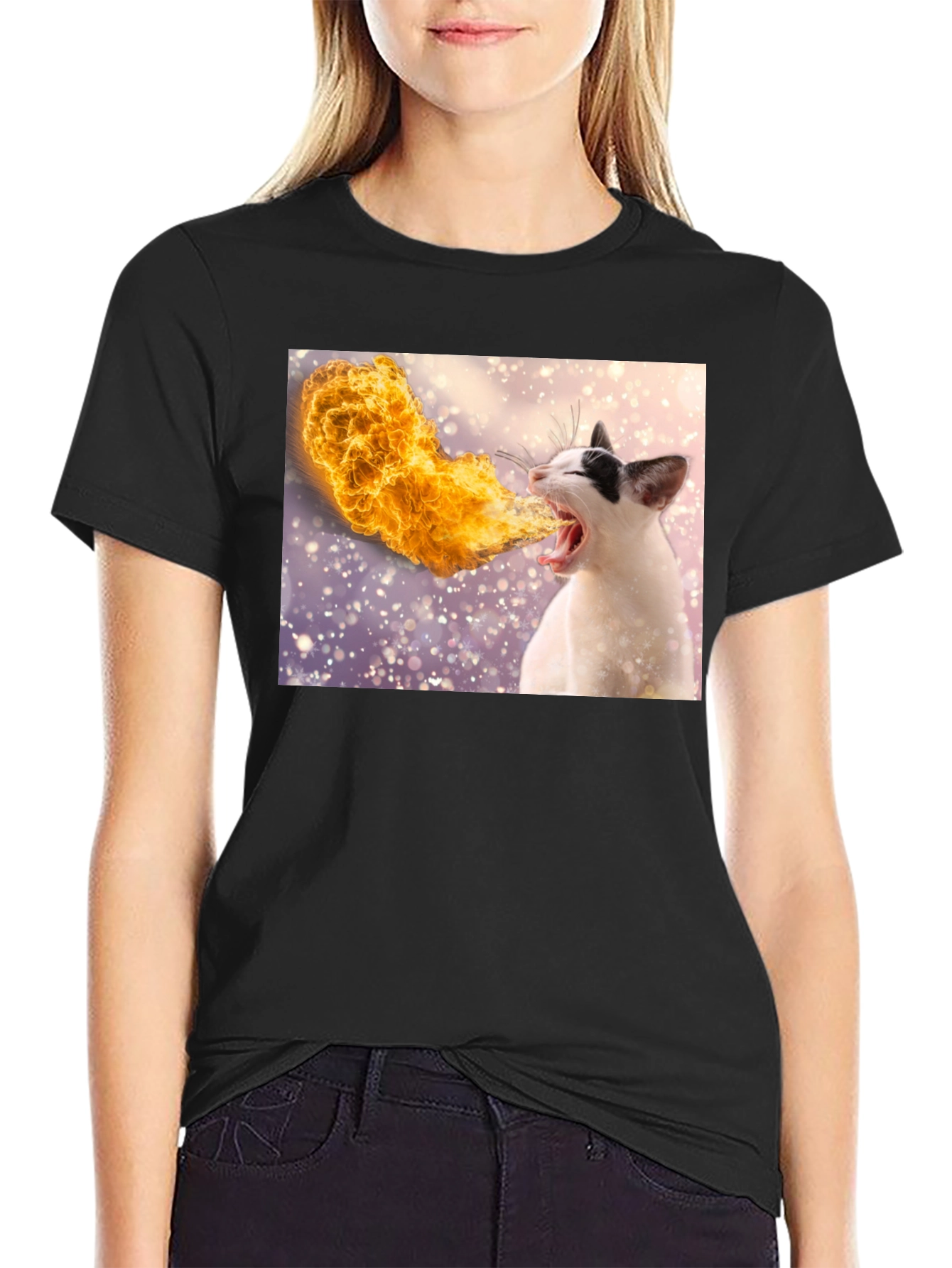Fire Breathing Cat T-Shirt - Black Cotton Tee