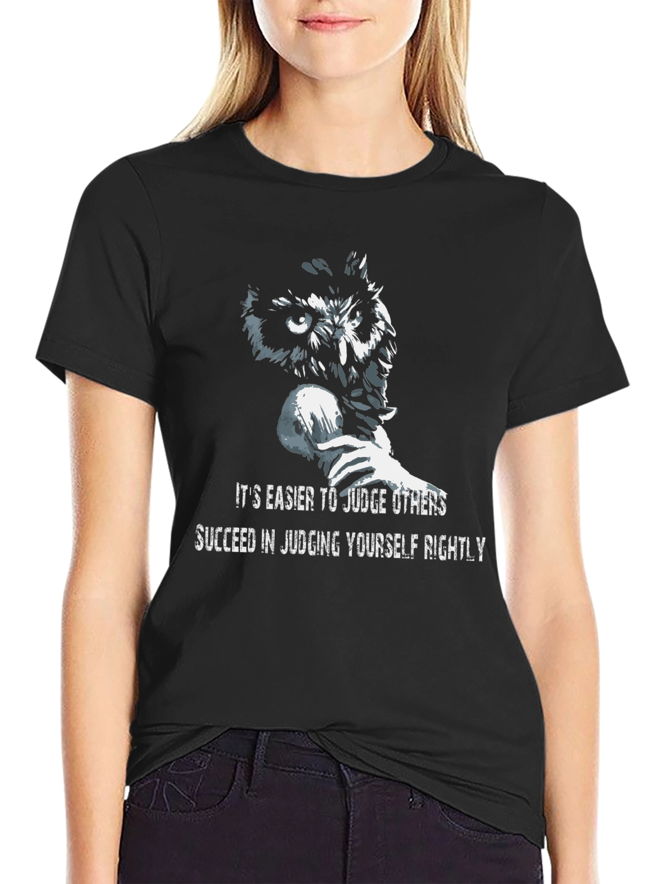 Owl Judge Graphic Print Black T-Shirt