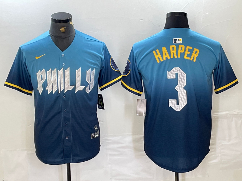 Men's Philadelphia Phillies Bryce Harper #3 Blue 2024 City Connect Limited Player Jerseys