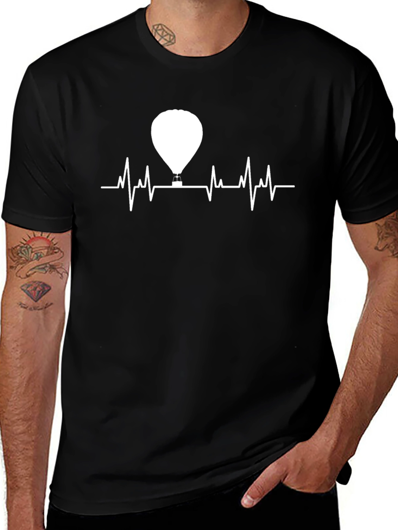 Hot Air Balloon Heartbeat T-Shirt - Mens Black Tee