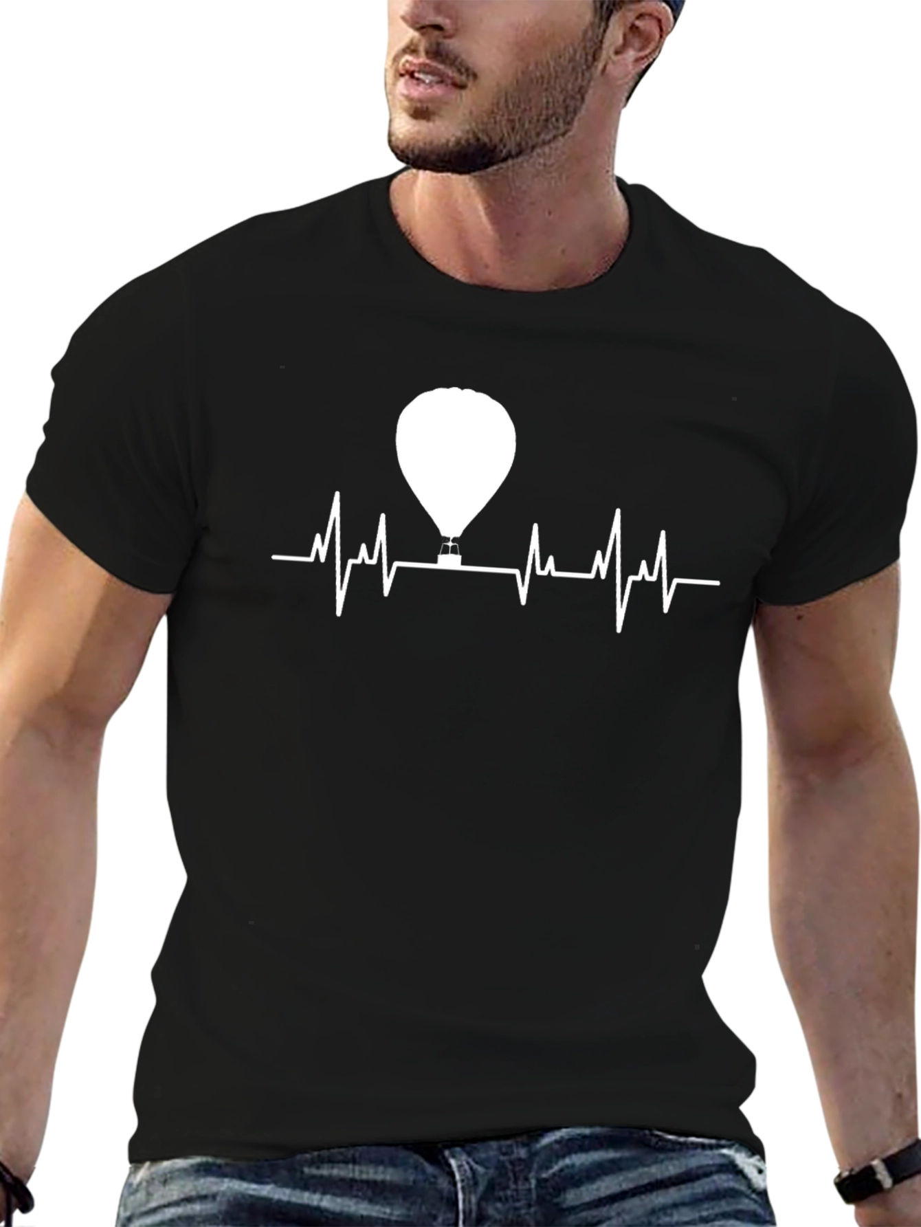 Hot Air Balloon Heartbeat T-Shirt - Mens Black Tee