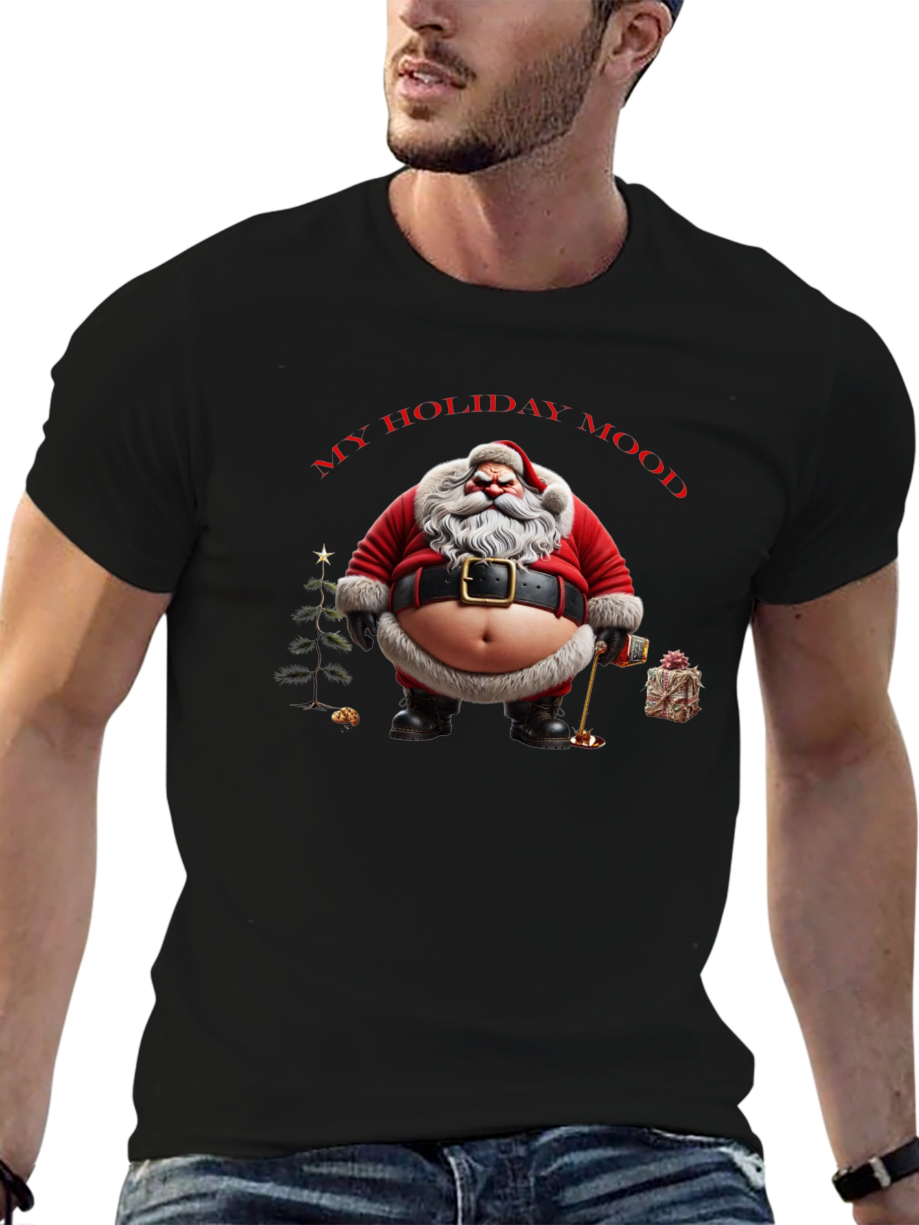 My Holiday Mood Santa T-Shirt - Black Graphic Tee