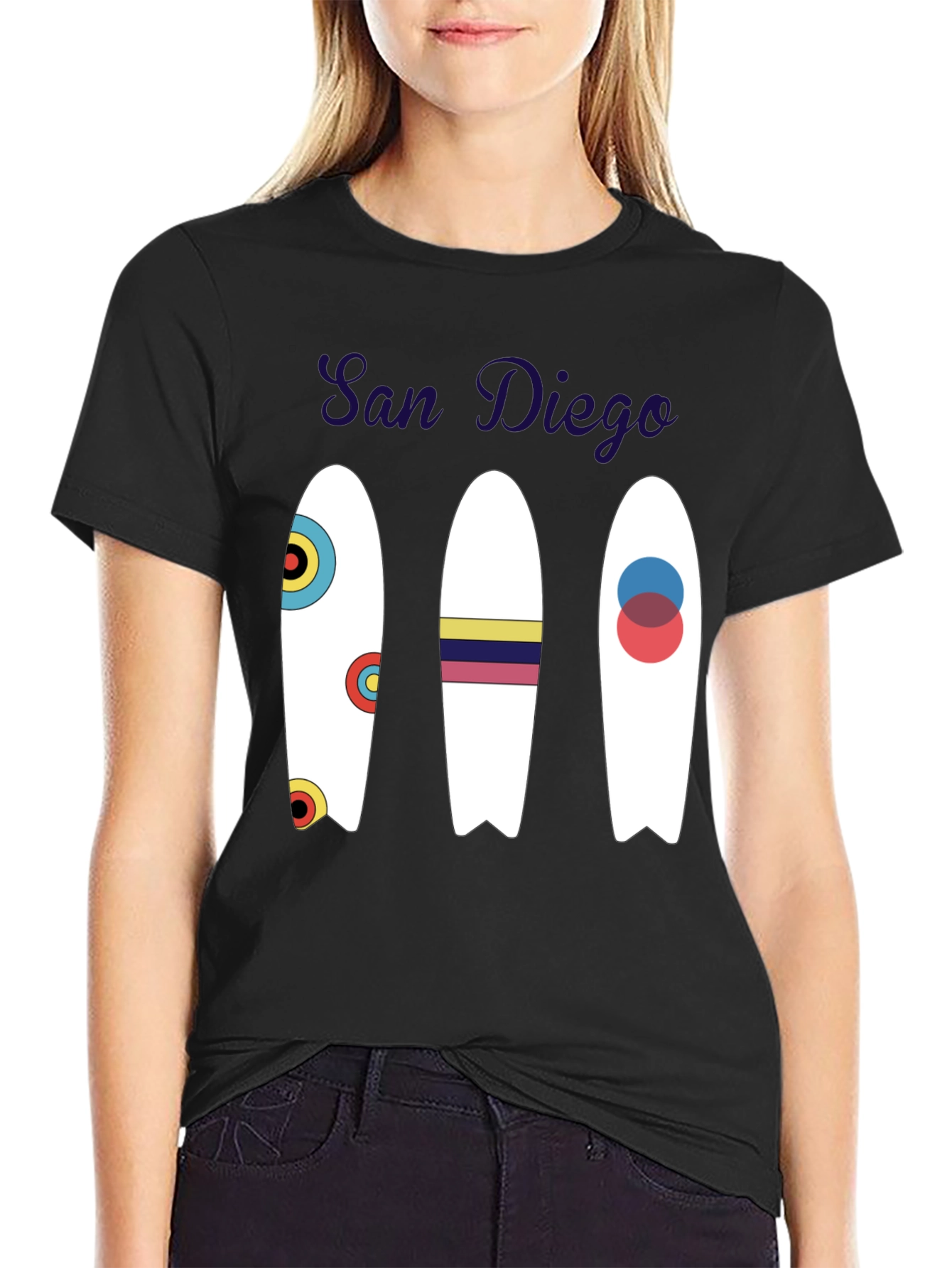 San Diego Surfboard Graphic Tee - Black Cotton T-Shirt