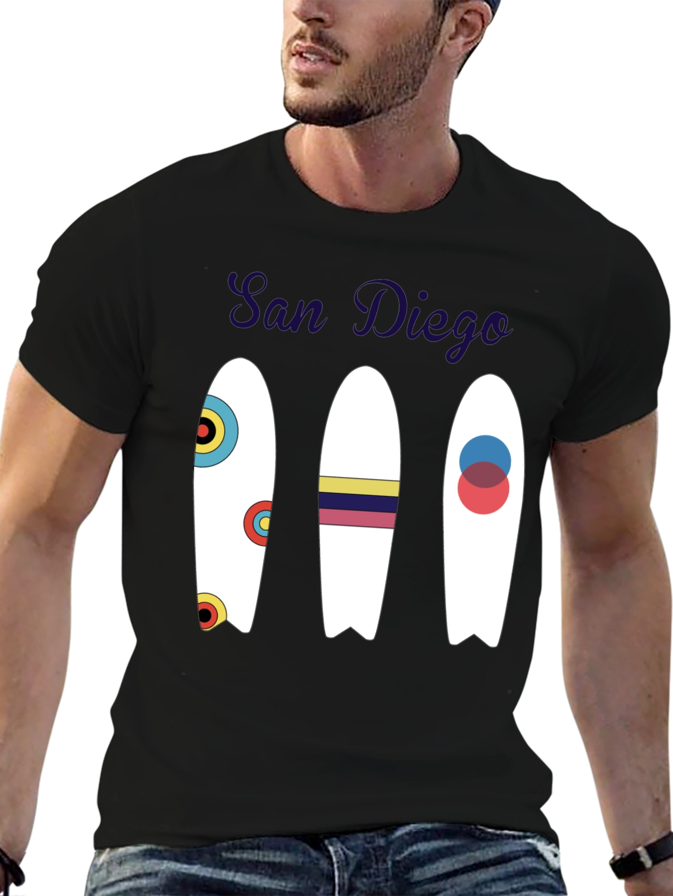 San Diego Surfboard Graphic Tee - Black Cotton T-Shirt