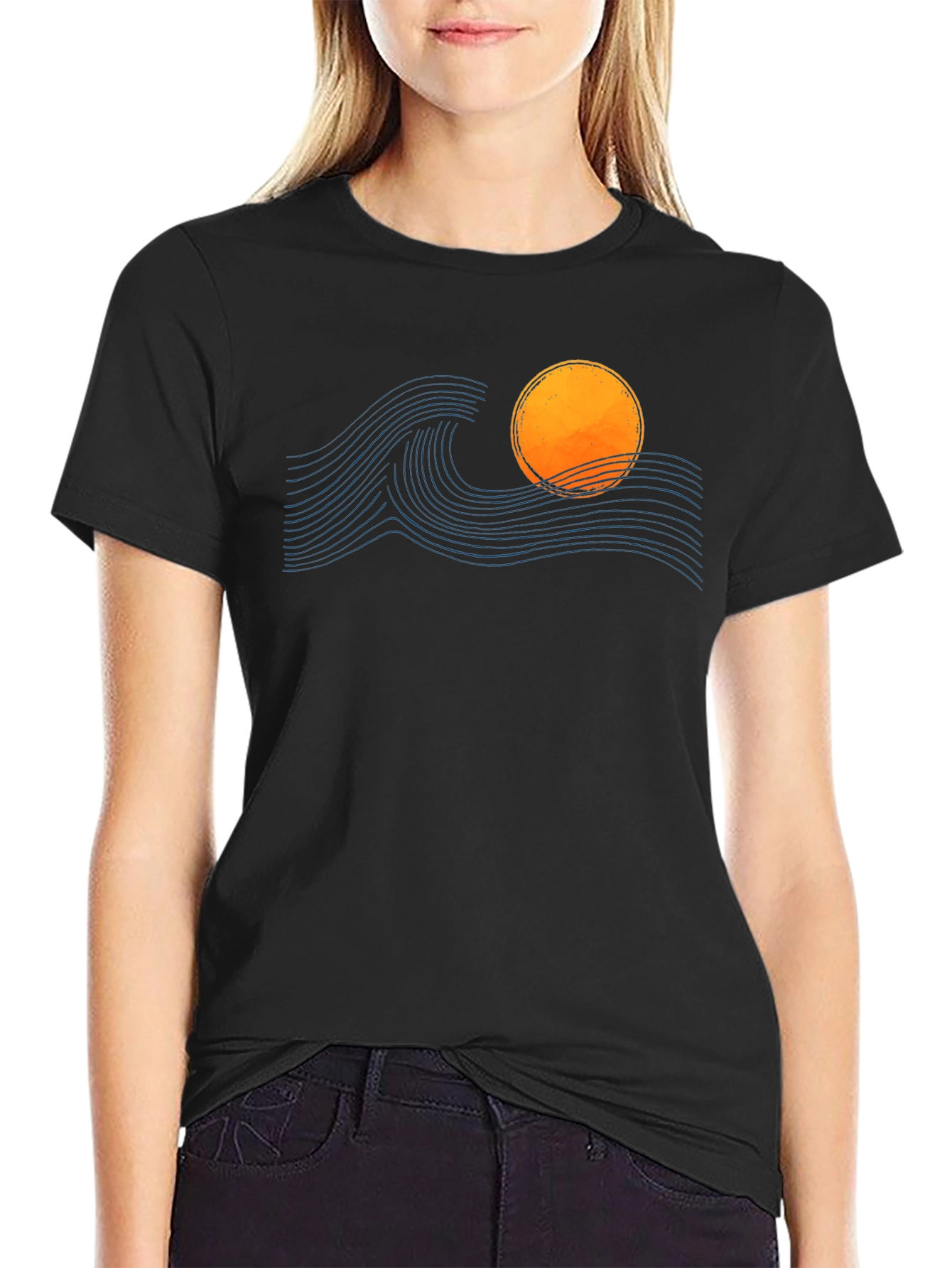 Sunset Wave Graphic Tee - Soft Black Cotton T-Shirt