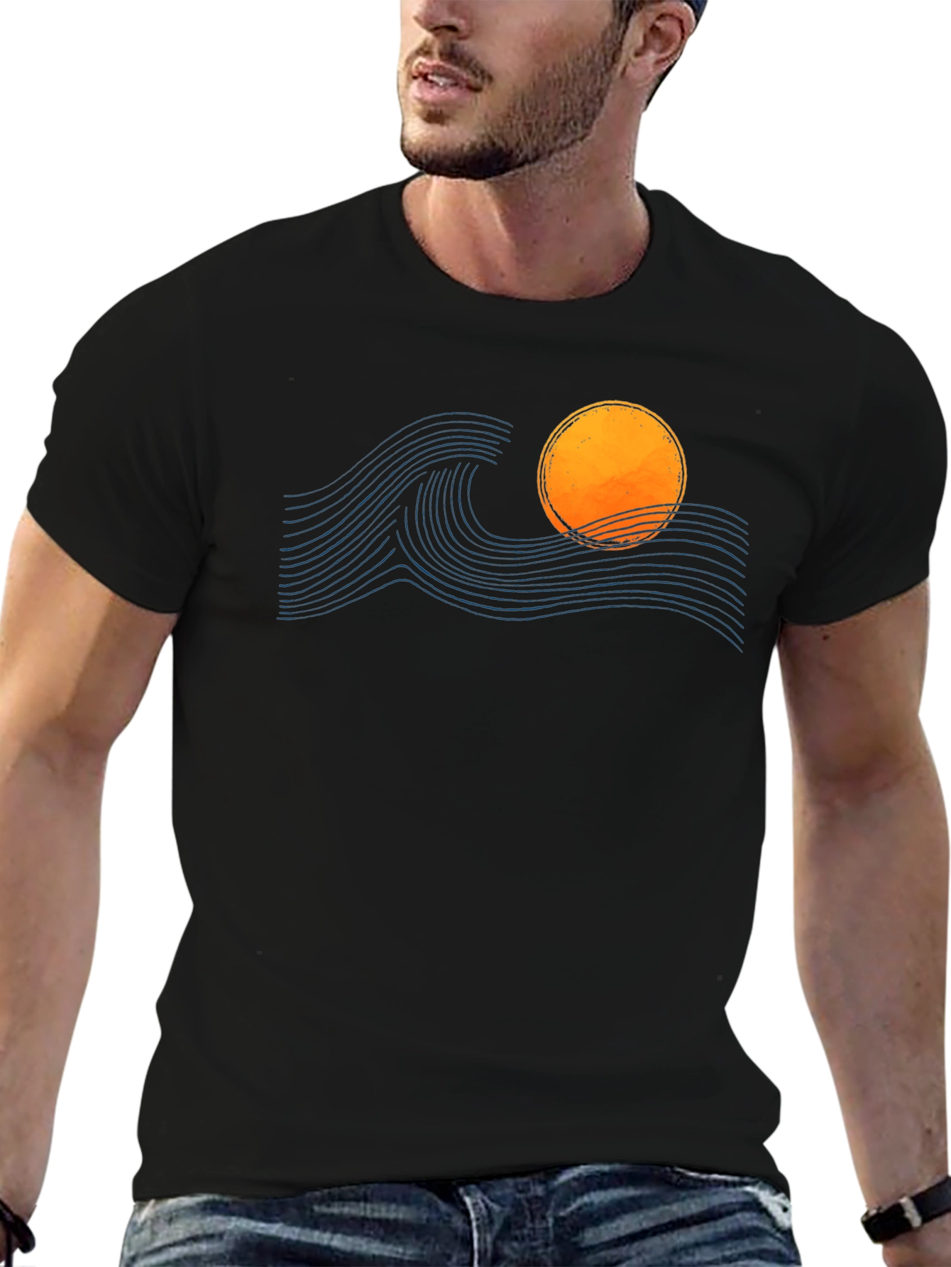 Sunset Wave Graphic Tee - Soft Black Cotton T-Shirt