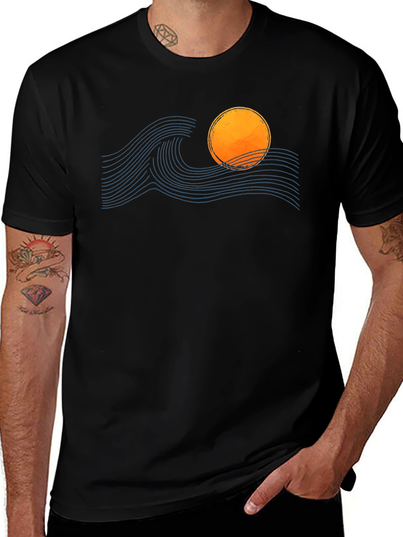 Sunset Wave Graphic Tee - Soft Black Cotton T-Shirt