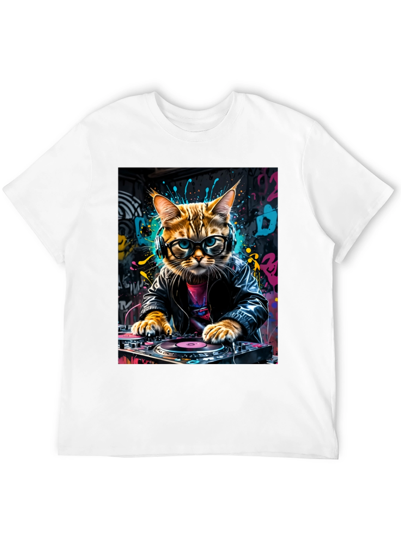 DJ Cat Graphic Tee - Black Cotton Blend T-Shirt