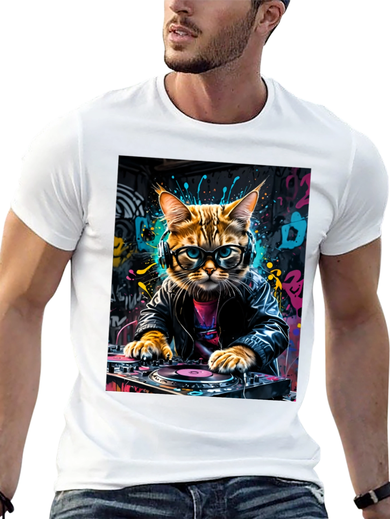 DJ Cat Graphic Tee - Black Cotton Blend T-Shirt