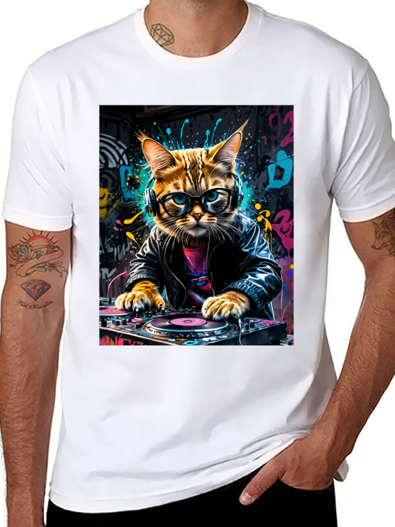 DJ Cat Graphic Tee - Black Cotton Blend T-Shirt