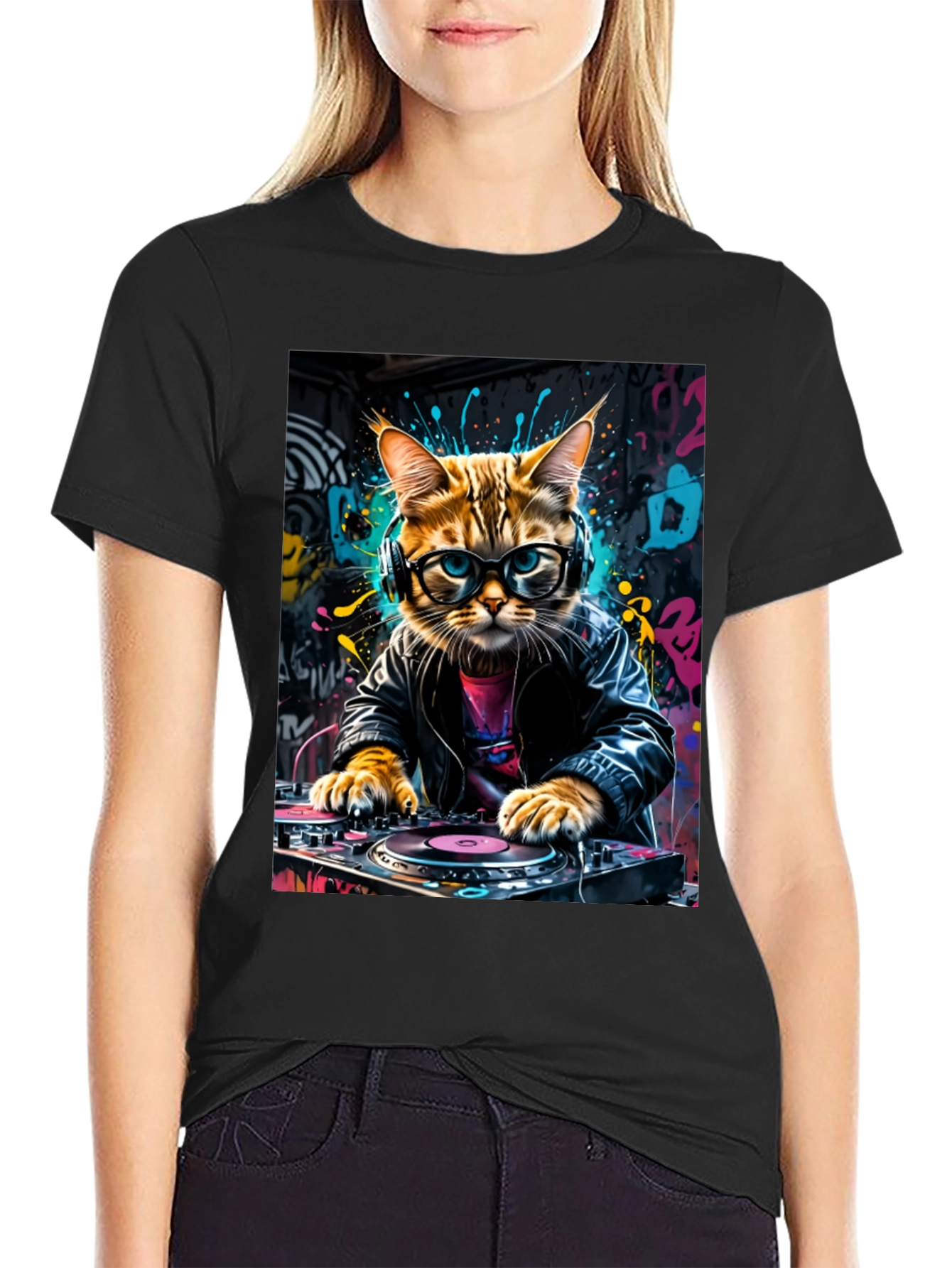 DJ Cat Graphic Tee - Black Cotton Blend T-Shirt