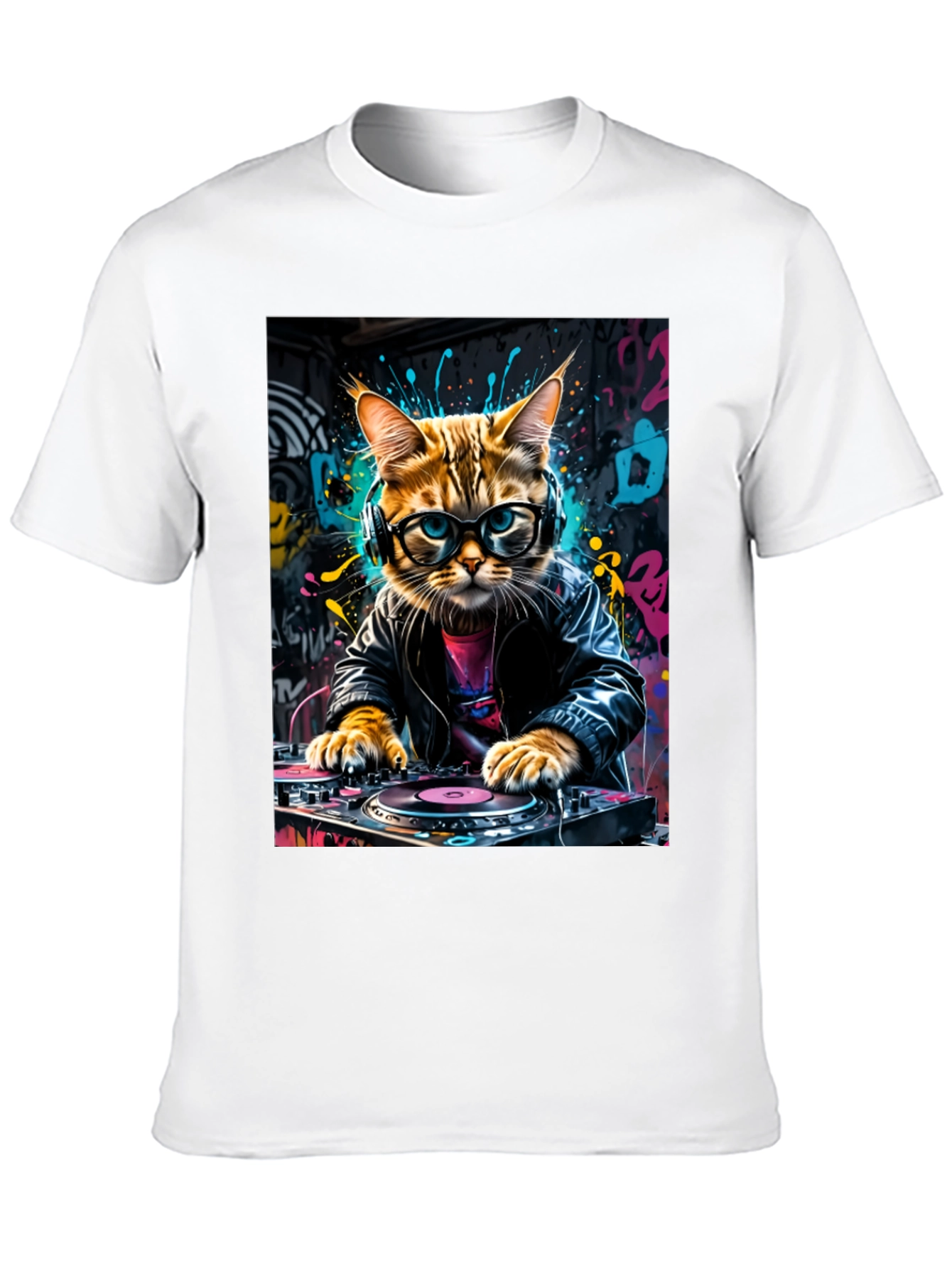 DJ Cat Graphic Tee - Black Cotton Blend T-Shirt