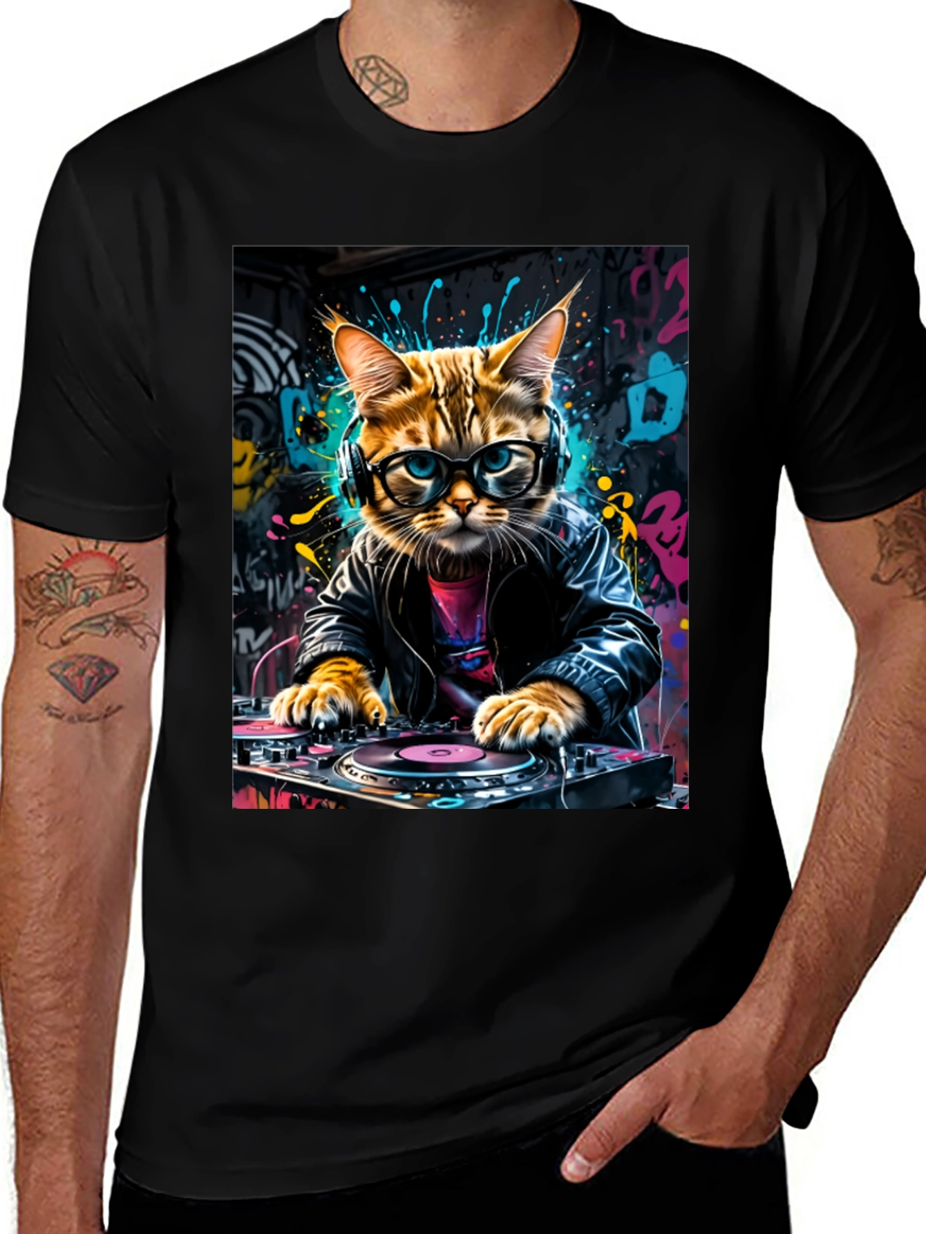 DJ Cat Graphic Tee - Black Cotton Blend T-Shirt