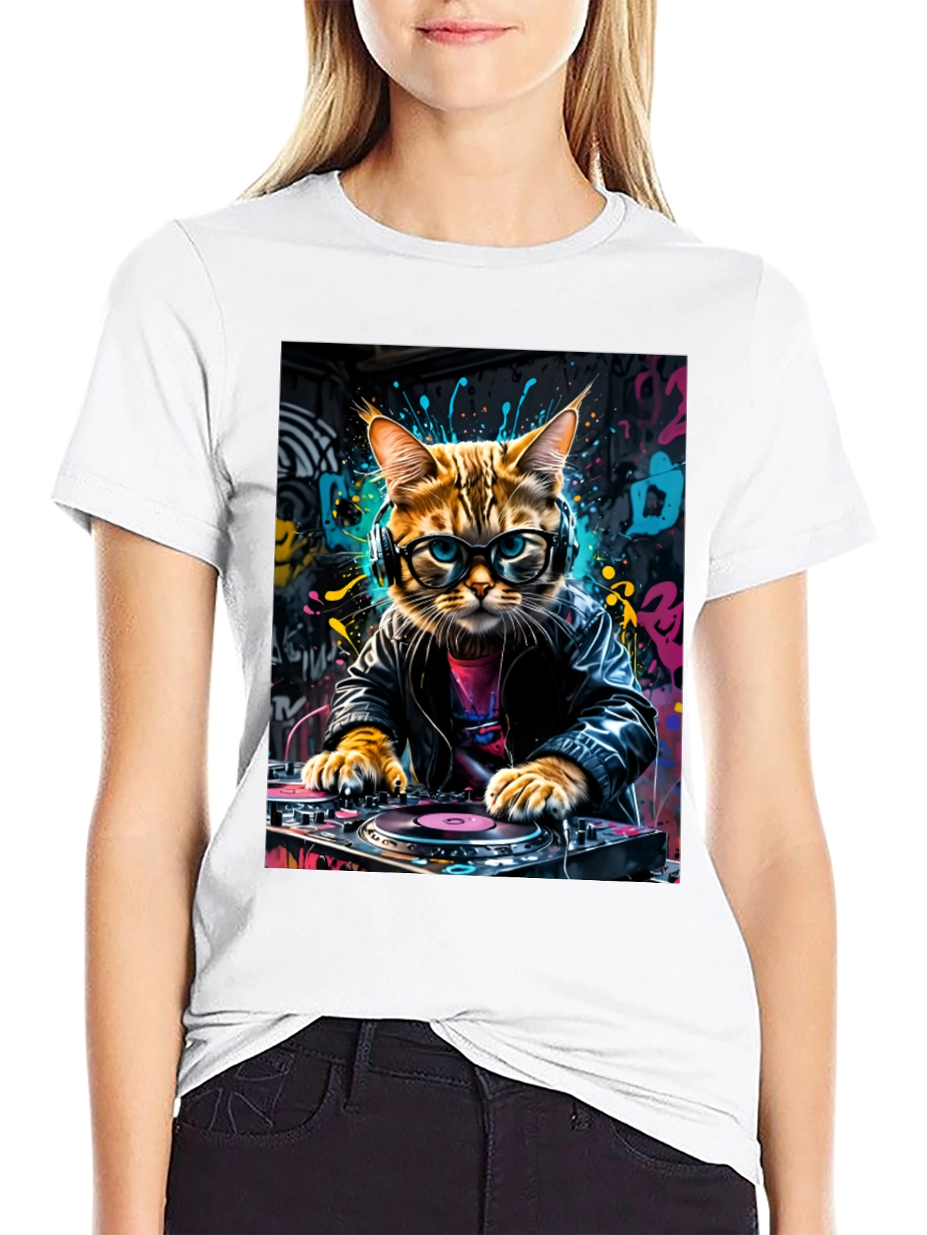 DJ Cat Graphic Tee - Black Cotton Blend T-Shirt