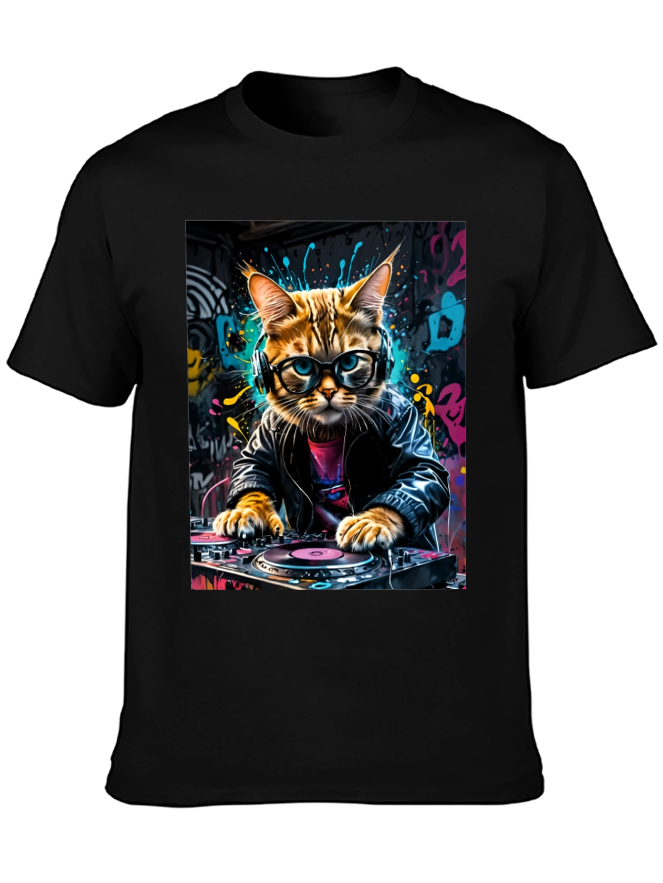 DJ Cat Graphic Tee - Black Cotton Blend T-Shirt