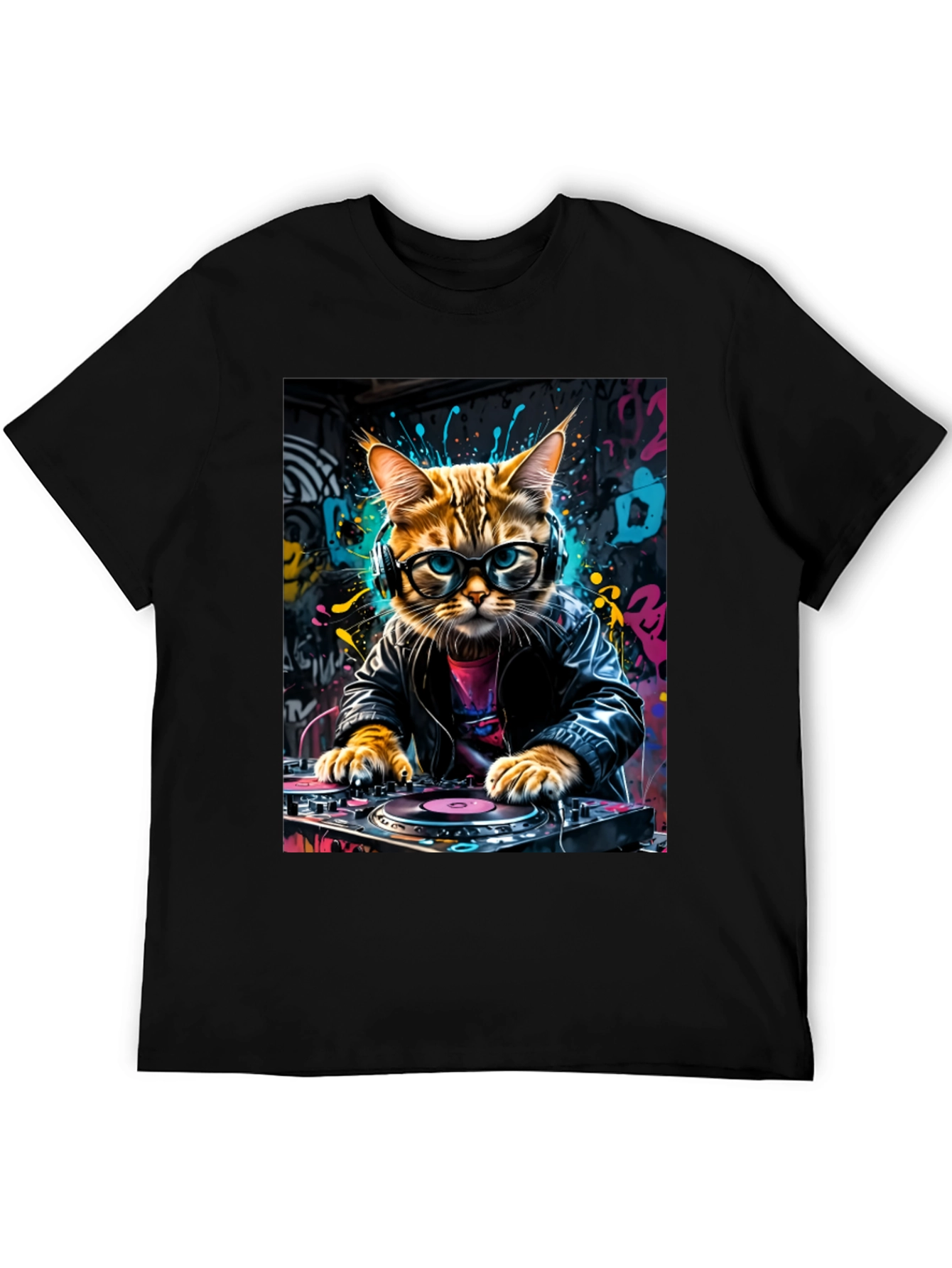 DJ Cat Graphic Tee - Black Cotton Blend T-Shirt