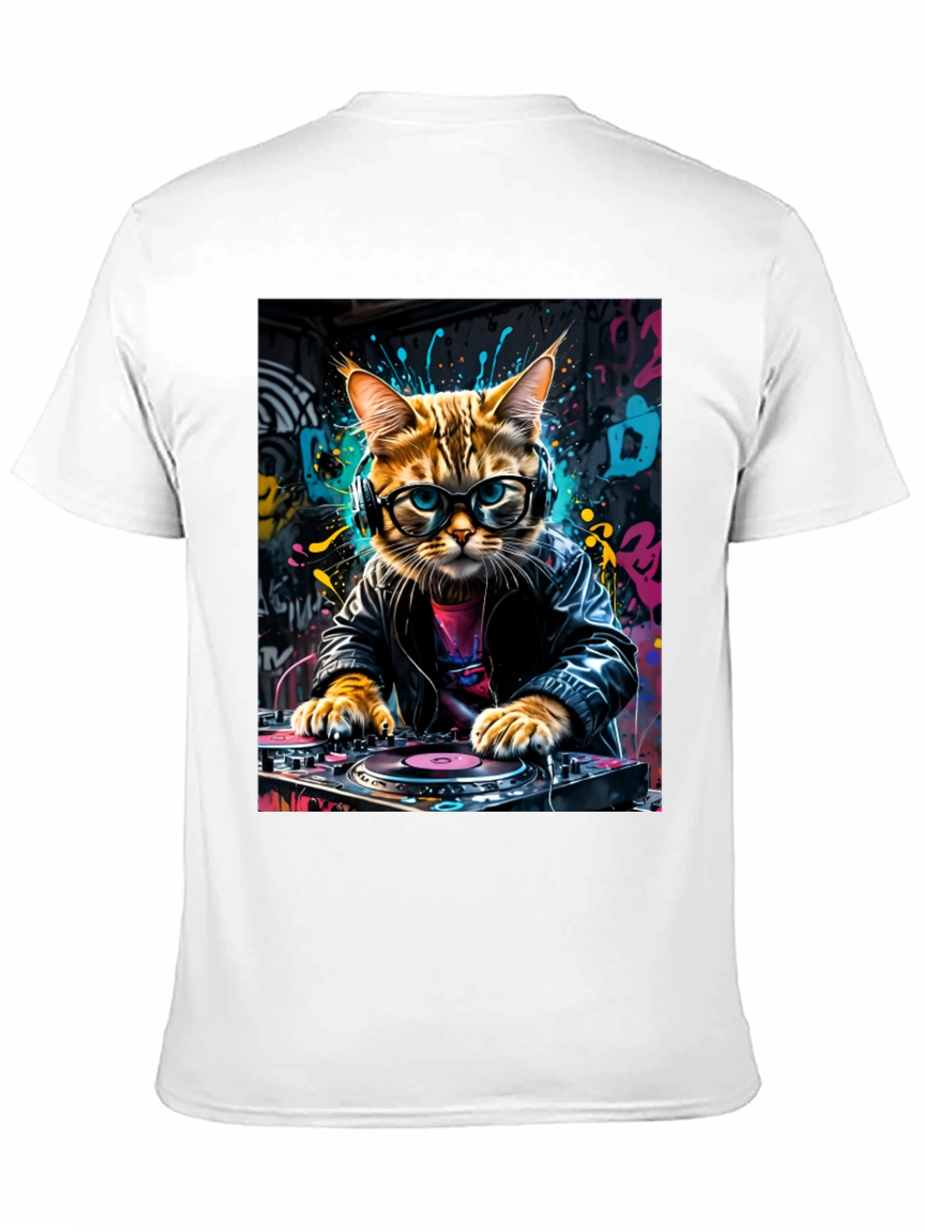 DJ Cat Graphic Tee - Black Cotton Blend T-Shirt