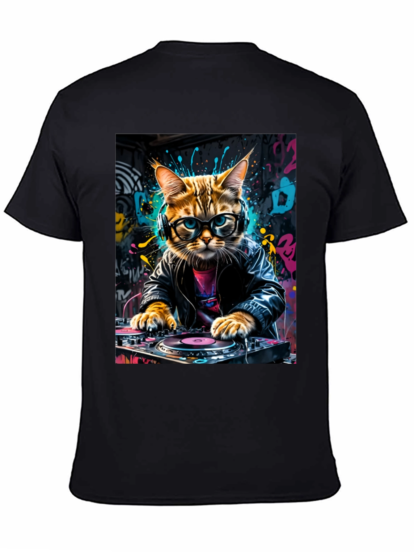DJ Cat Graphic Tee - Black Cotton Blend T-Shirt