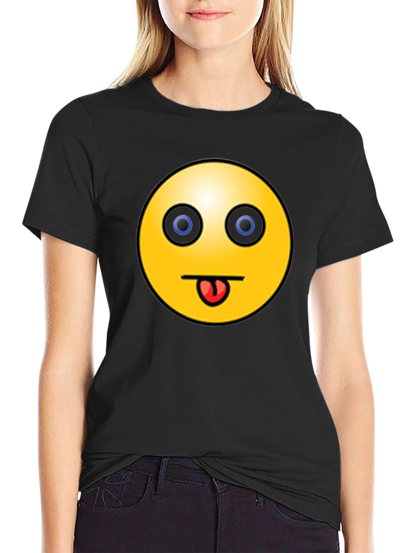 Funny Emoji Graphic Black T-Shirt - Tongue Out Smiley