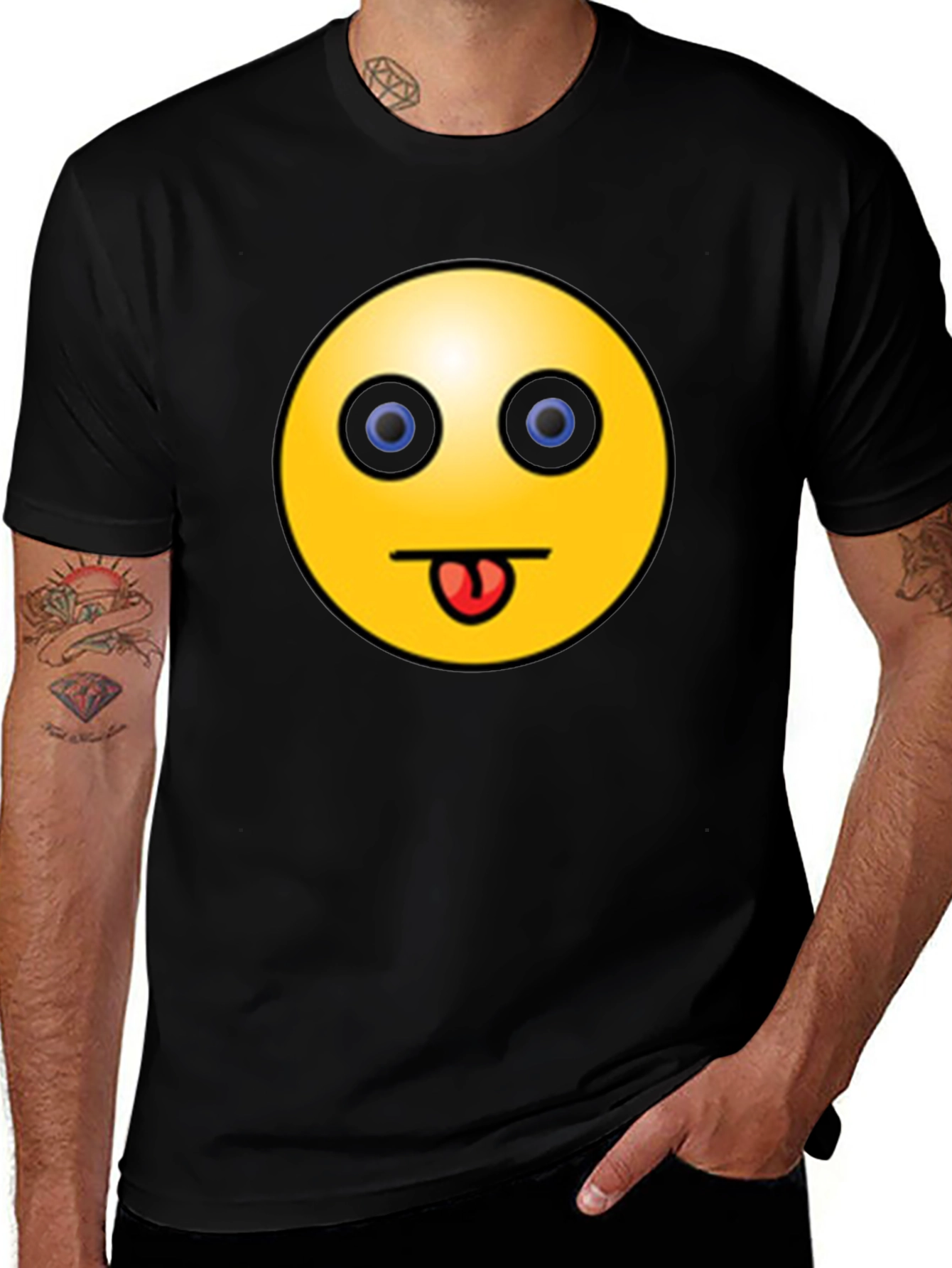 Funny Emoji Graphic Black T-Shirt - Tongue Out Smiley