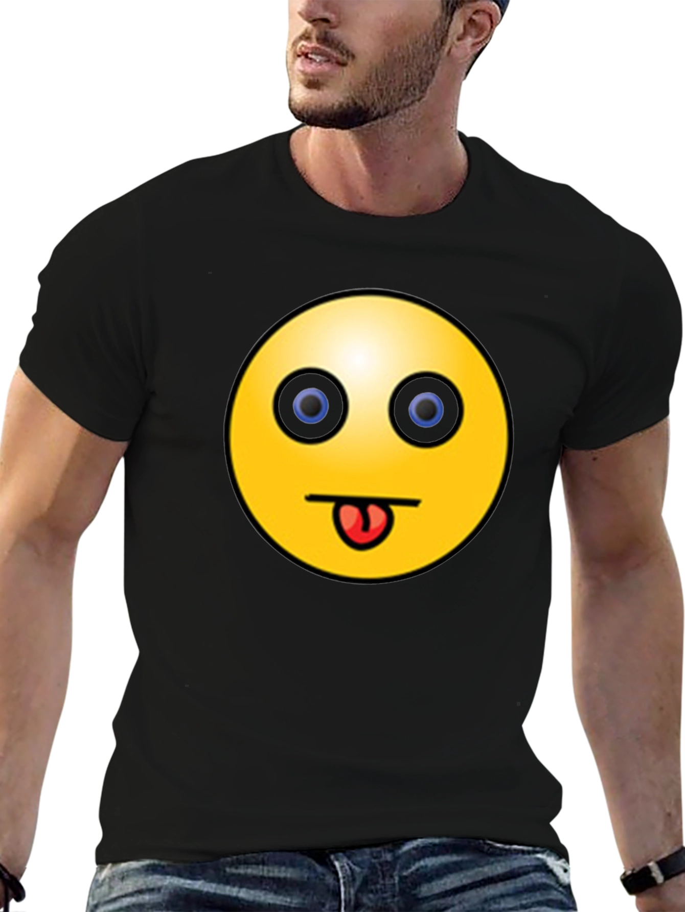 Funny Emoji Graphic Black T-Shirt - Tongue Out Smiley