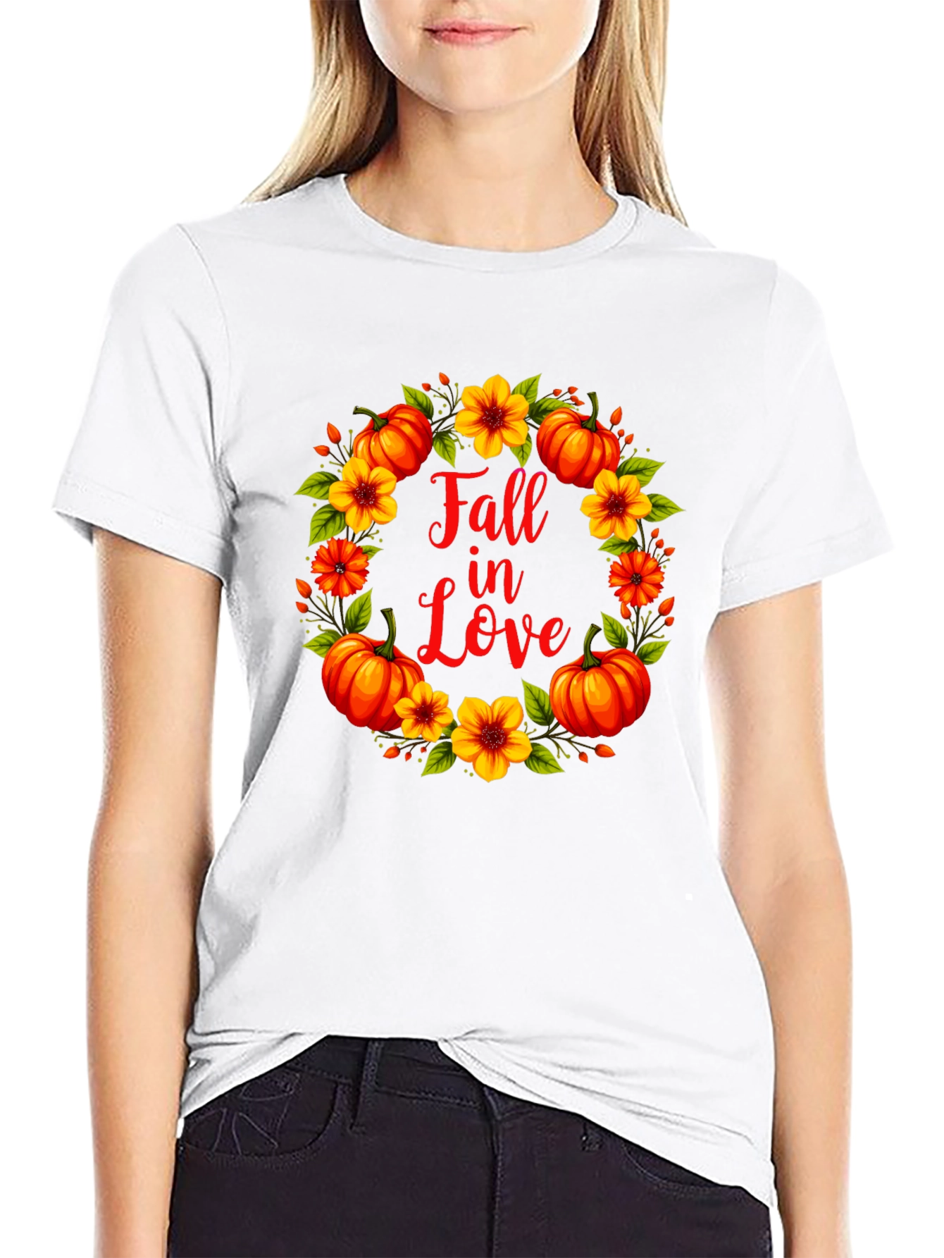 Fall In Love Pumpkin Floral Wreath Graphic Tee