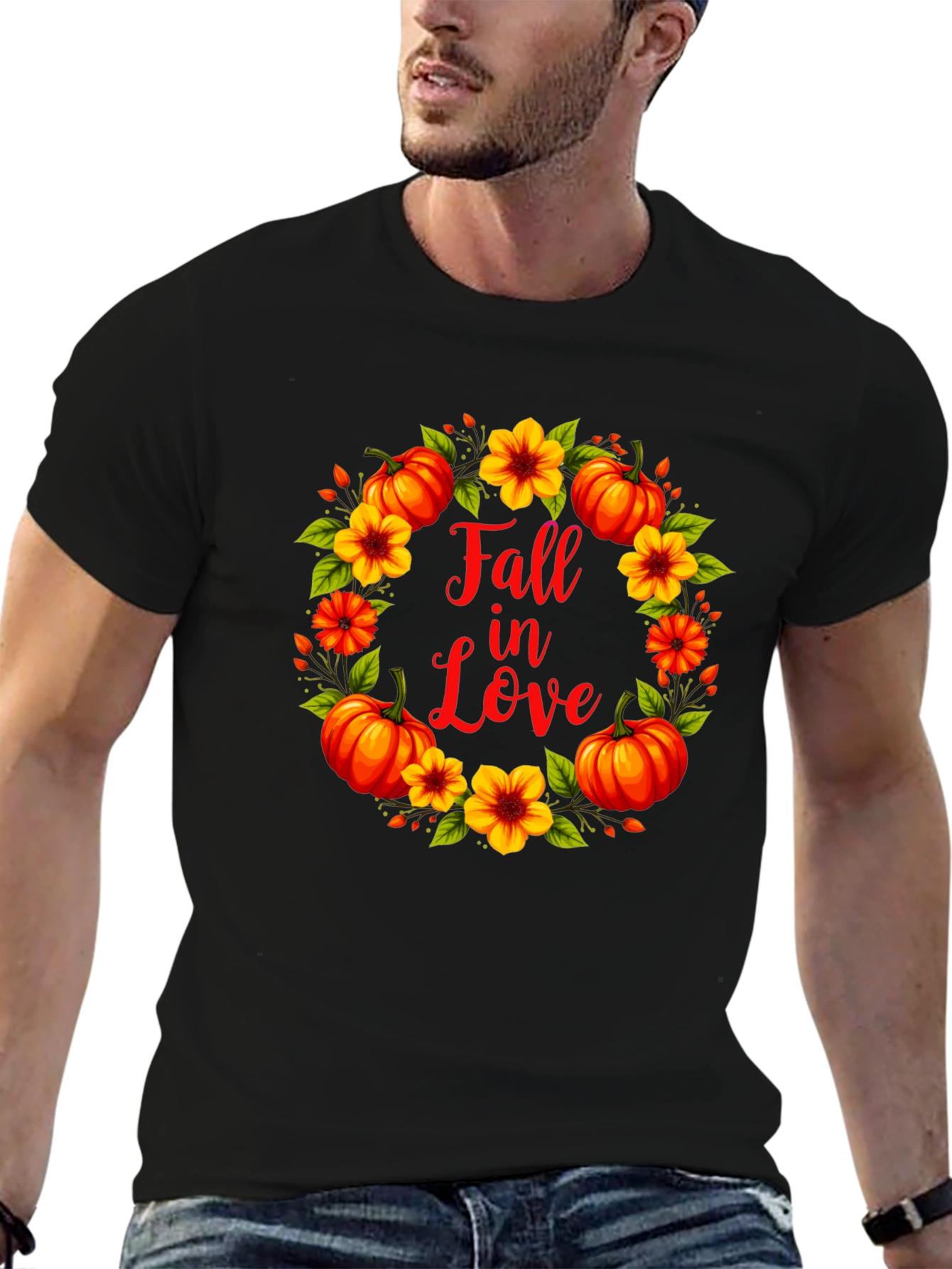 Fall In Love Pumpkin Floral Wreath Graphic Tee
