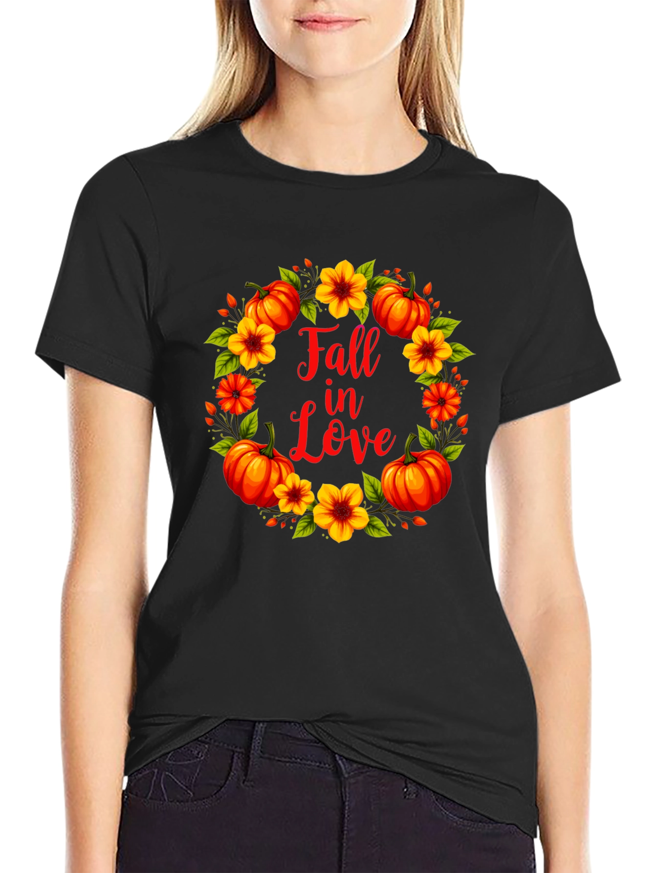 Fall In Love Pumpkin Floral Wreath Graphic Tee