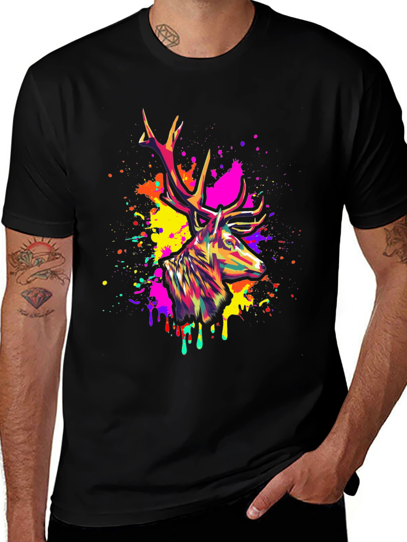 Vibrant Deer Graphic Tee - Mens Black T-Shirt