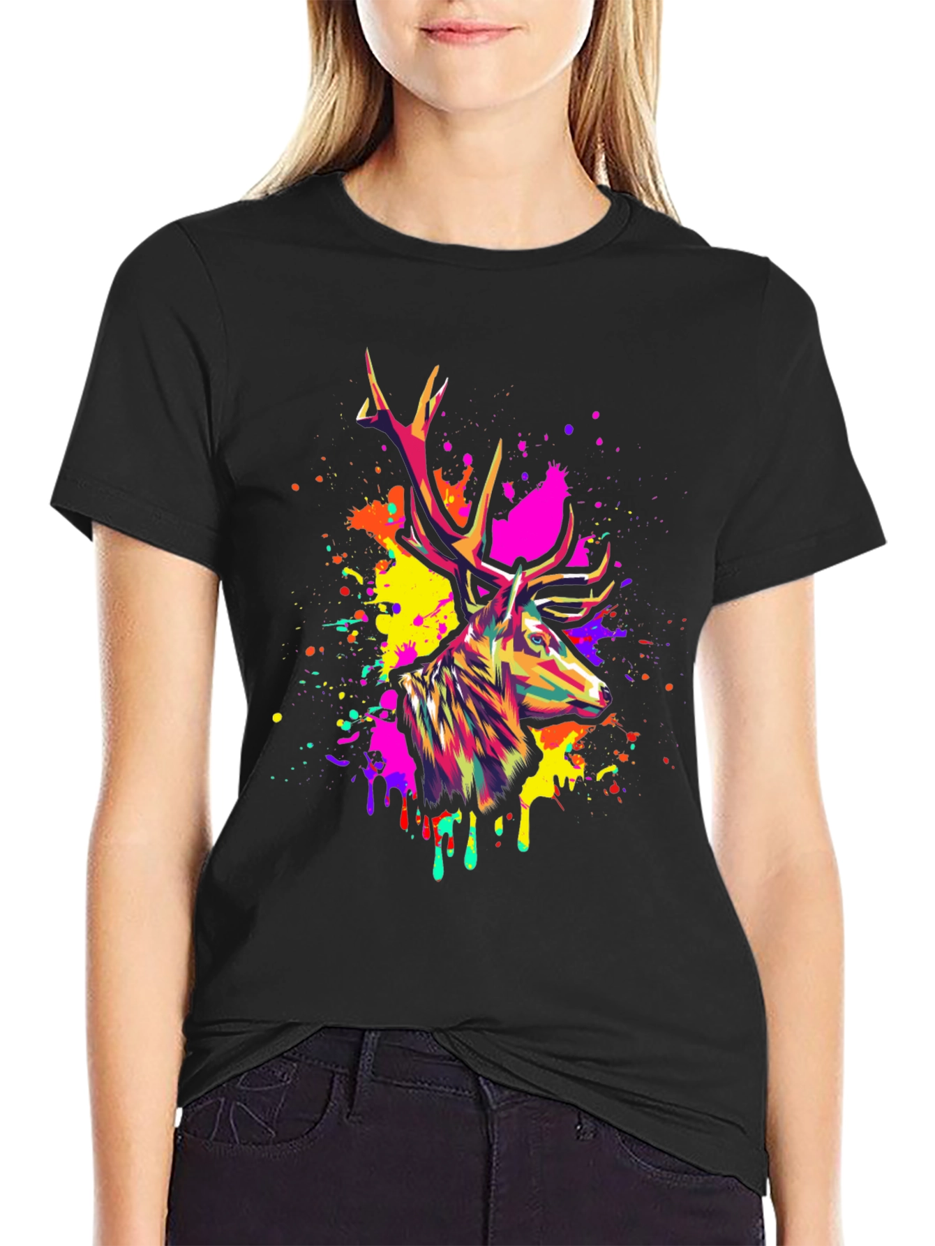 Vibrant Deer Graphic Tee - Mens Black T-Shirt