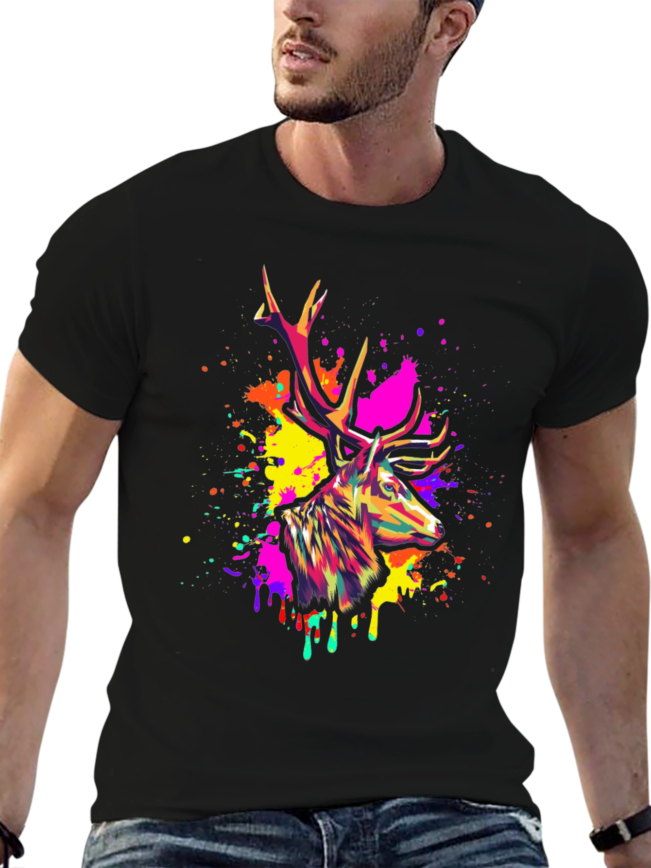 Vibrant Deer Graphic Tee - Mens Black T-Shirt
