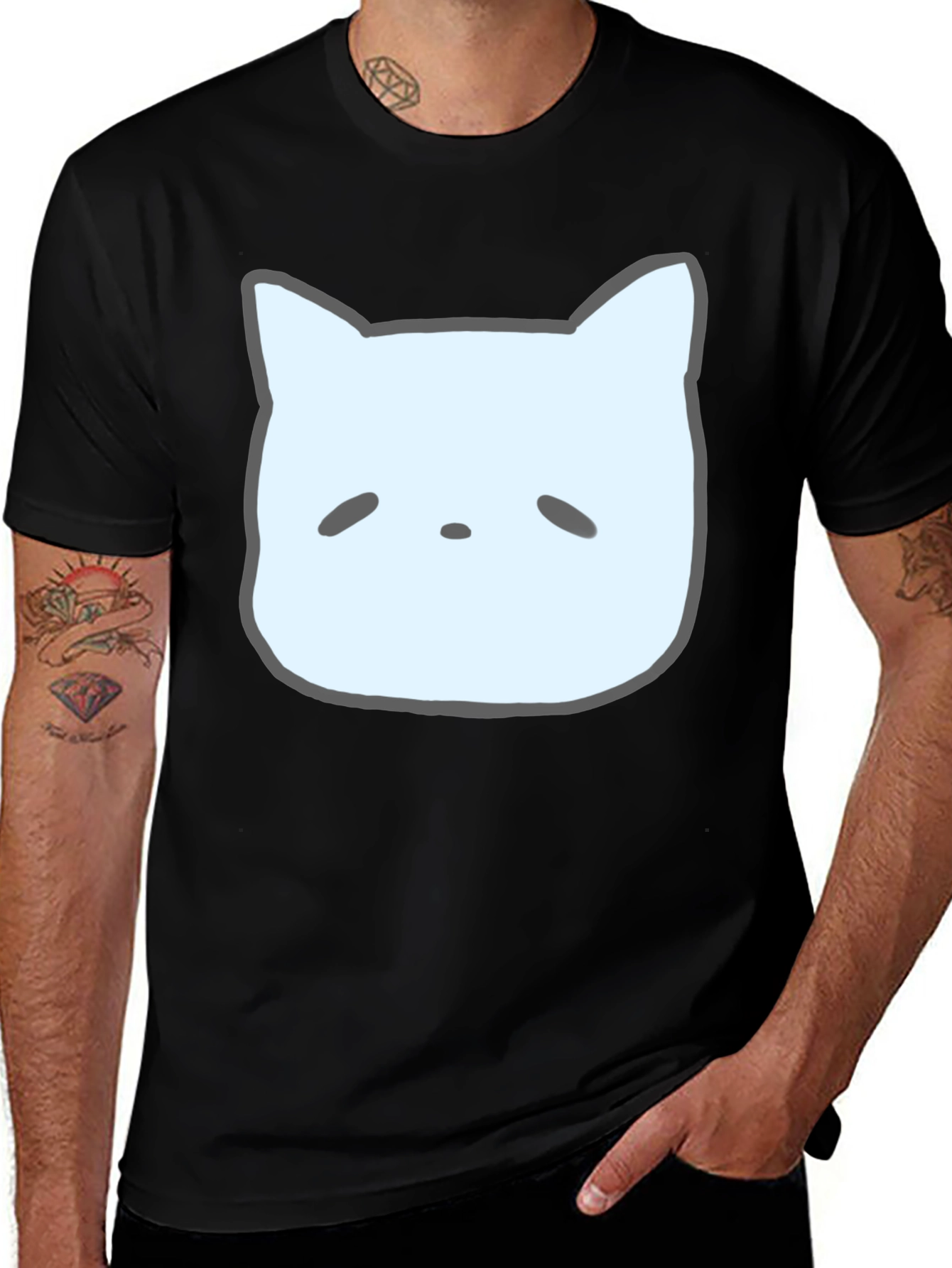 Cute Cat Face Graphic Tee - Casual Black T-Shirt