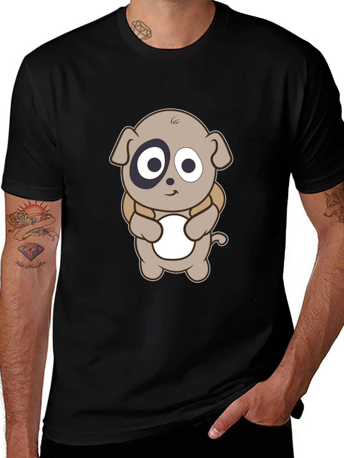 Cartoon Puppy Print Black T-Shirt