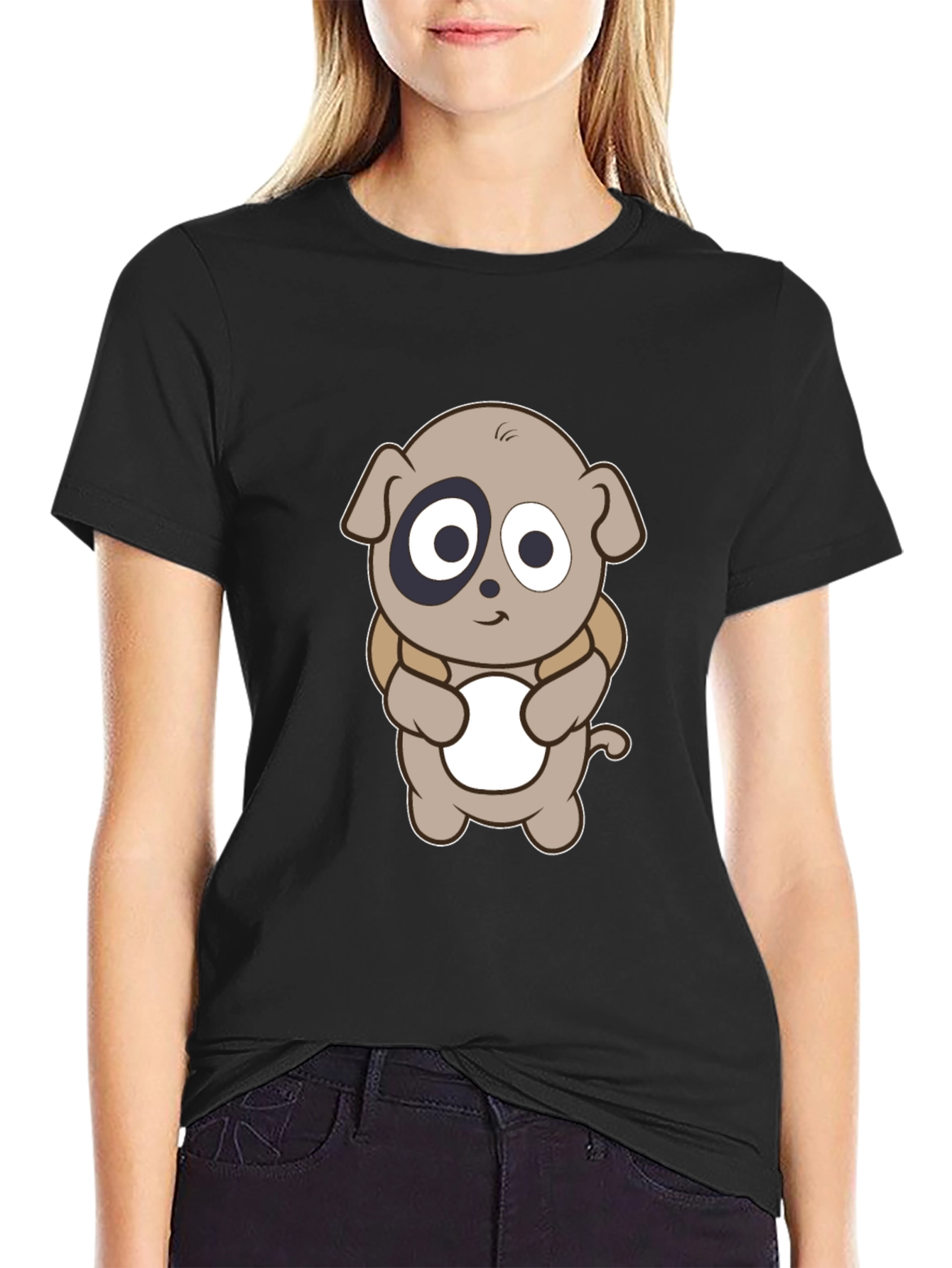 Cartoon Puppy Print Black T-Shirt
