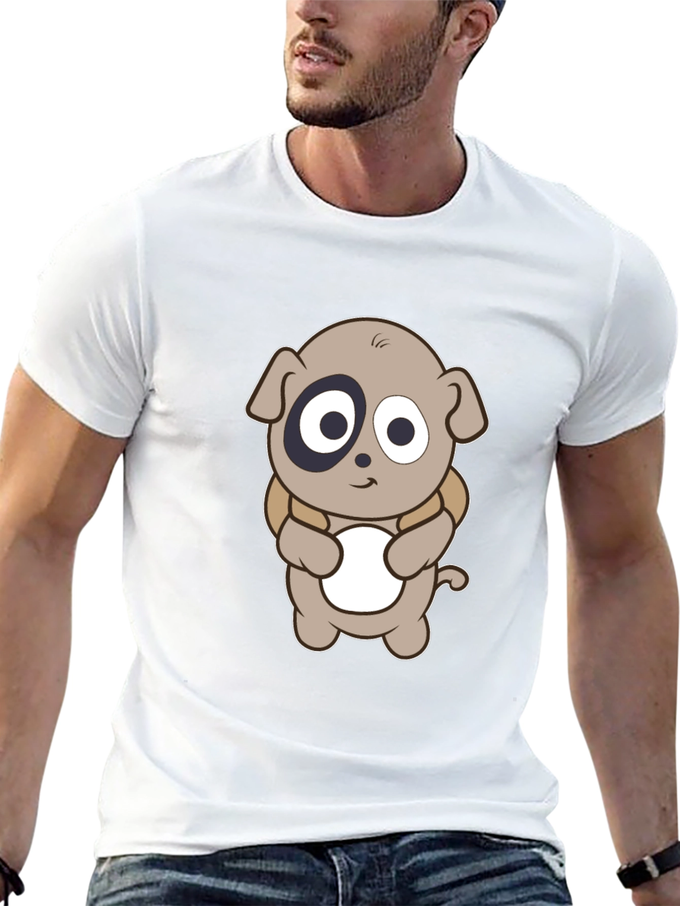 Cartoon Puppy Print Black T-Shirt
