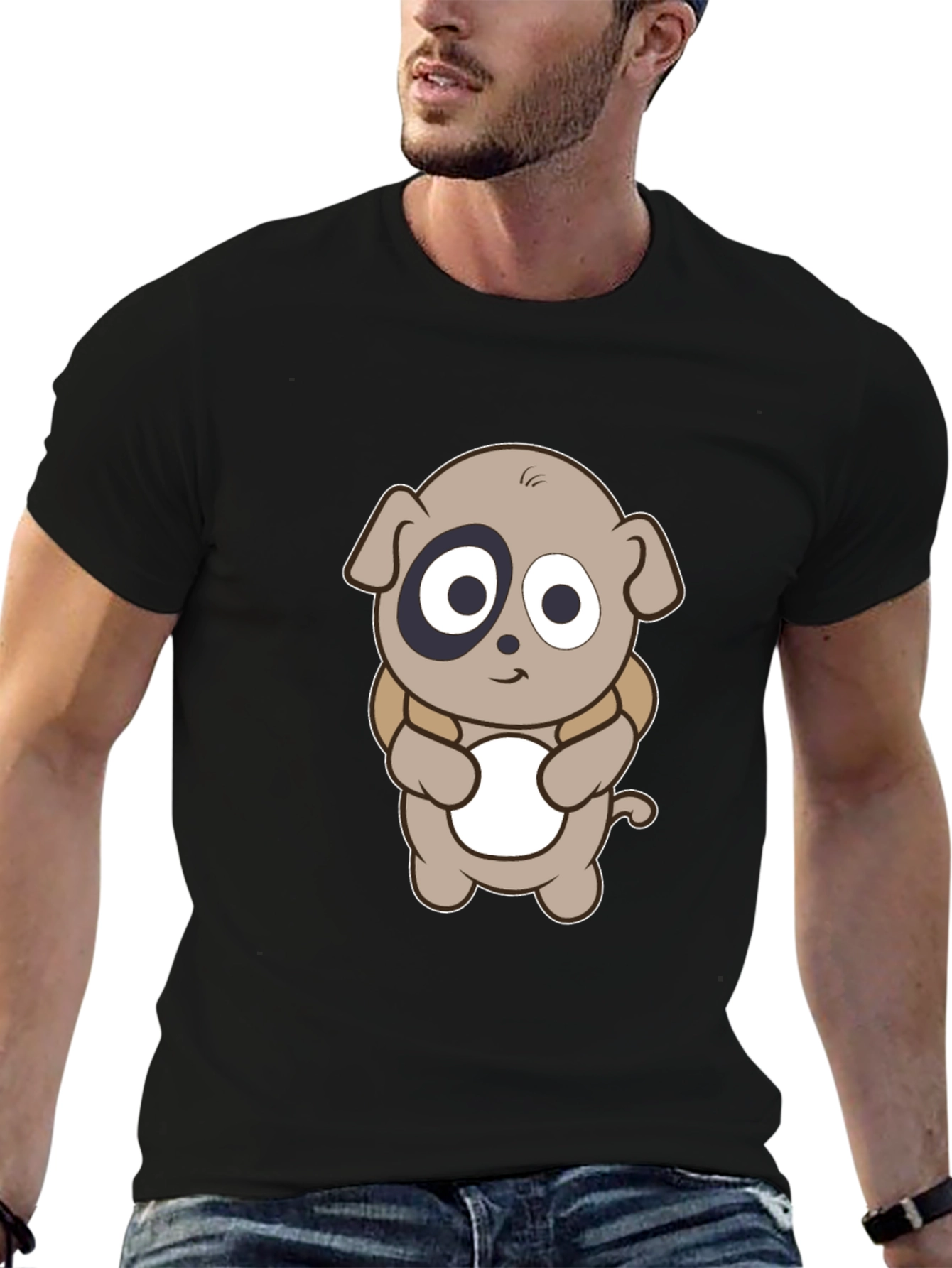 Cartoon Puppy Print Black T-Shirt