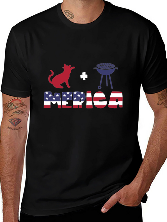 Funny Patriotic Cat Grill USA Flag T-Shirt
