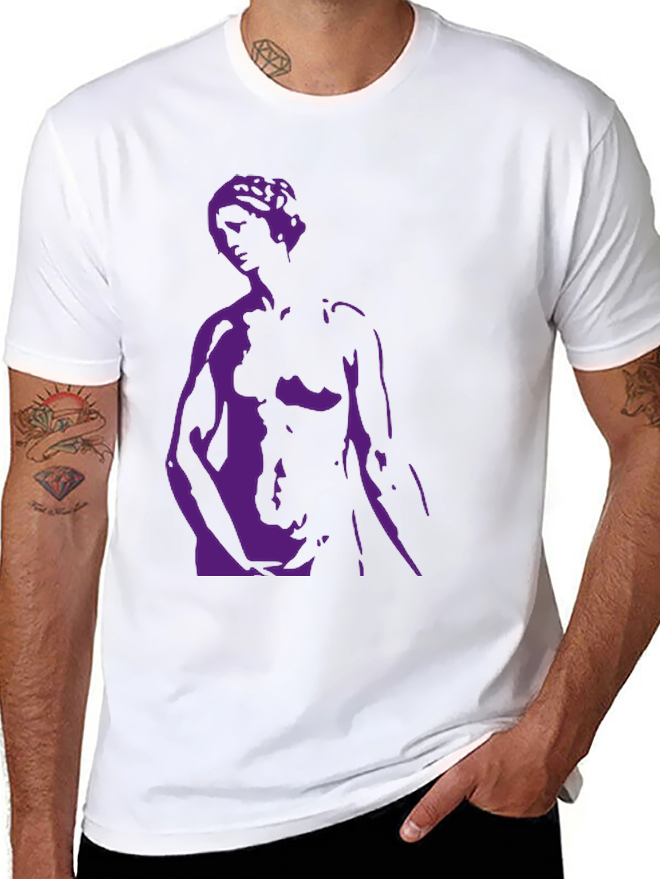 Black T-Shirt with Purple Statue Graphic